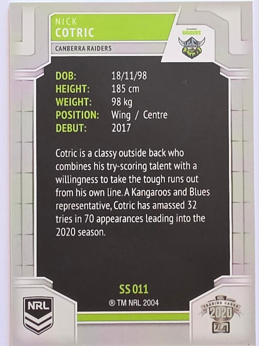 NRL 2020 Elite Silver Parallel #011 Nick Cotric Canberra Raiders
