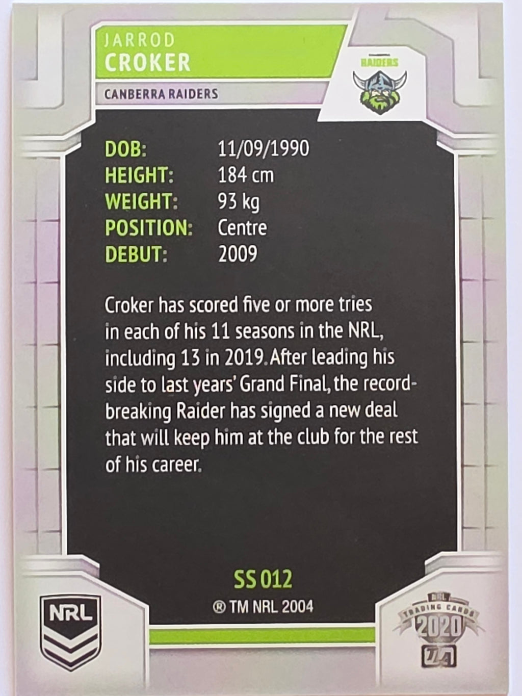 NRL 2020 Elite Silver Parallel #012 Jarrod Croker Canberra Raiders