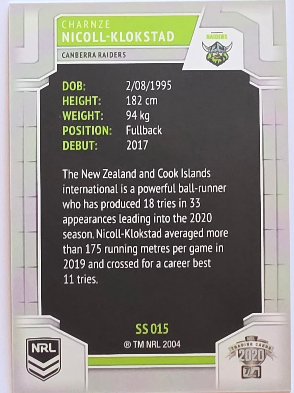 NRL 2020 Elite Silver Parallel #015 Charnze Nicoll-Klokstad Canberra Raiders