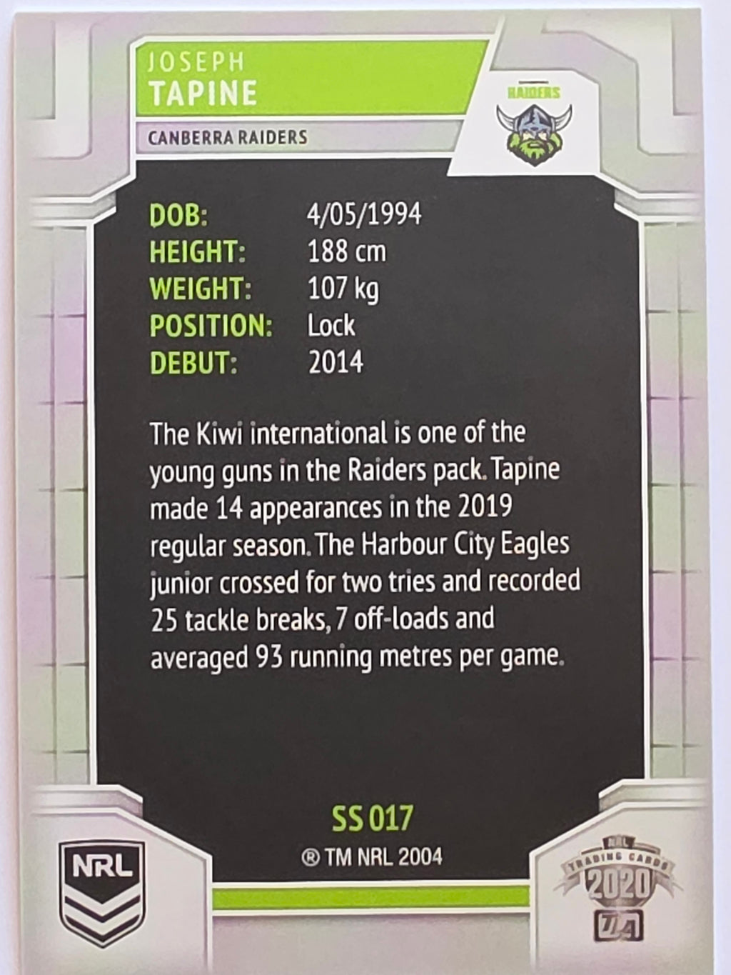 NRL 2020 Elite Silver Parallel #017 Joseph Tapine Canberra Raiders