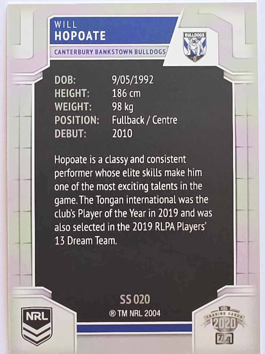 NRL 2020 Elite Silver Parallel #020 Will Hopoate Canterbury Bankstown Bulldogs