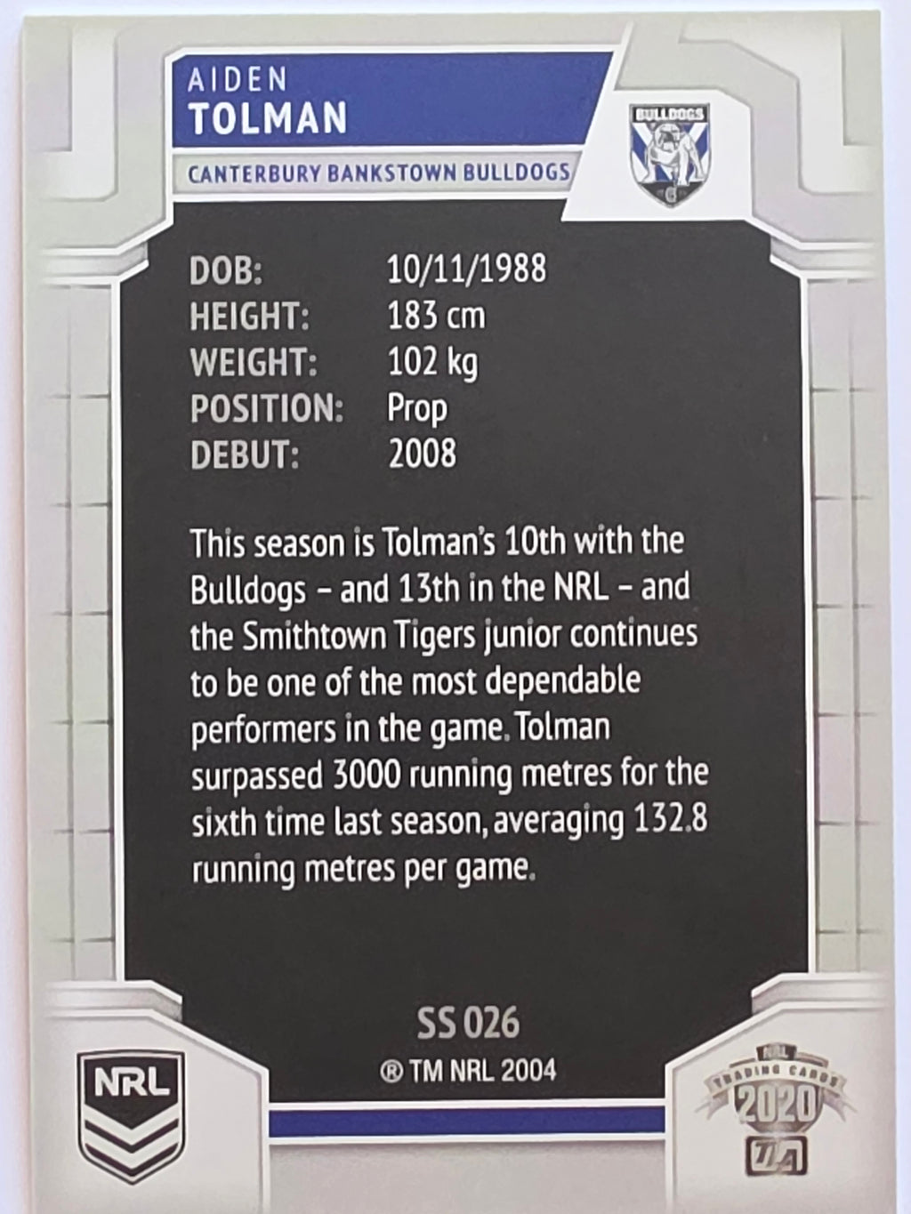 NRL 2020 Elite Silver Parallel #026 Aiden Tolman Canterbury Bankstown Bulldogs