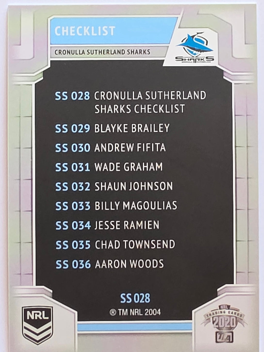 NRL 2020 Elite Silver Parallel #028 Checklist Cronulla Sutherland Sharks
