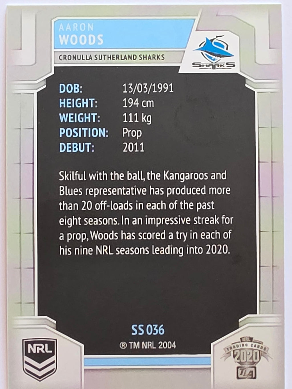NRL 2020 Elite Silver Parallel #036 Aaron Woods Cronulla Sutherland Sharks