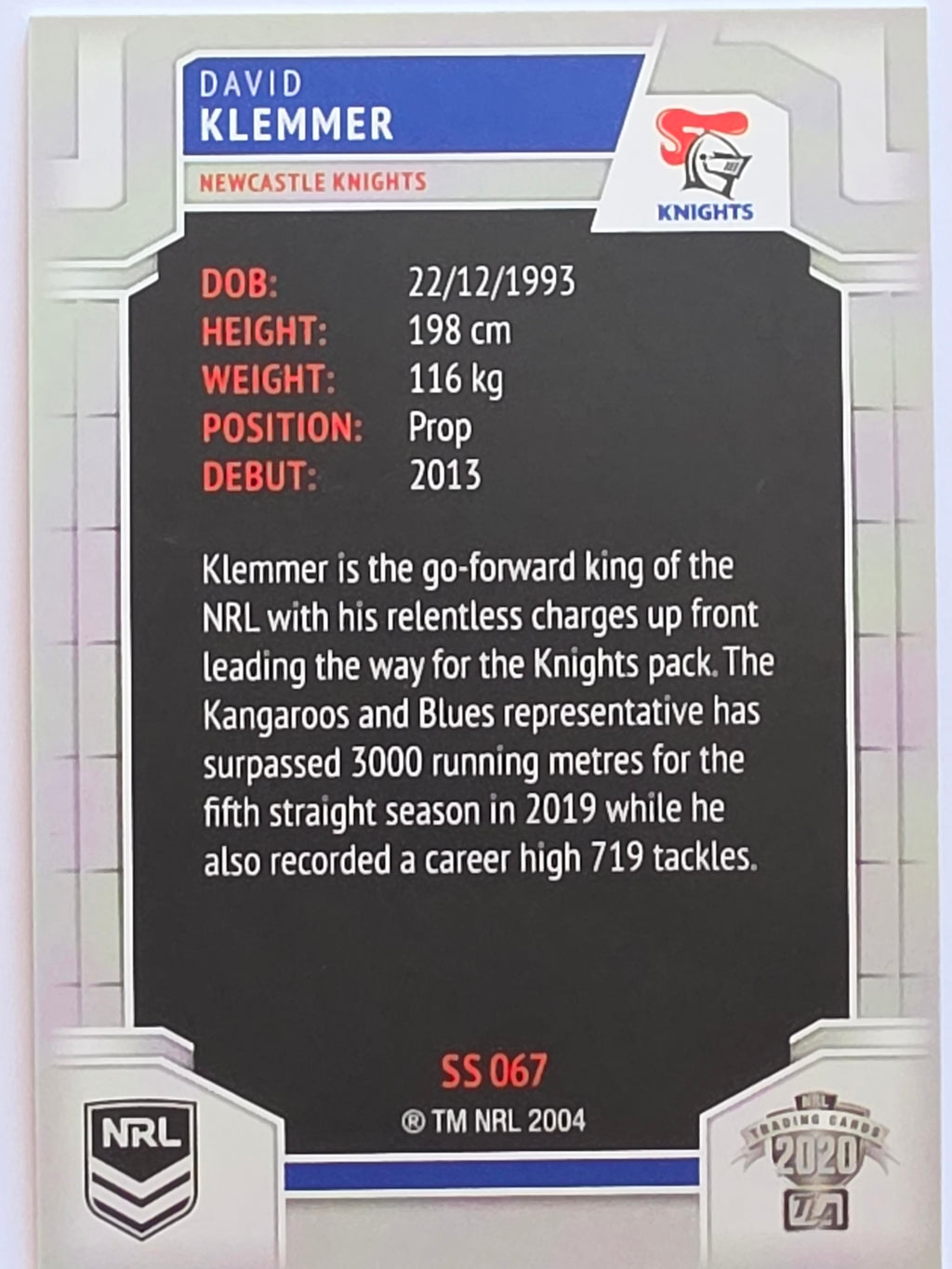 NRL 2020 Elite Silver Parallel #067 David Klemmer Newcastle Knights