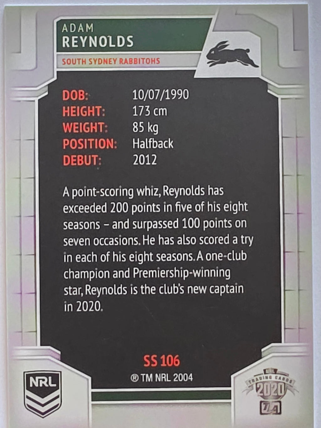 NRL 2020 Elite Silver Parallel #106 Adam Reynolds South Sydney Rabbitohs