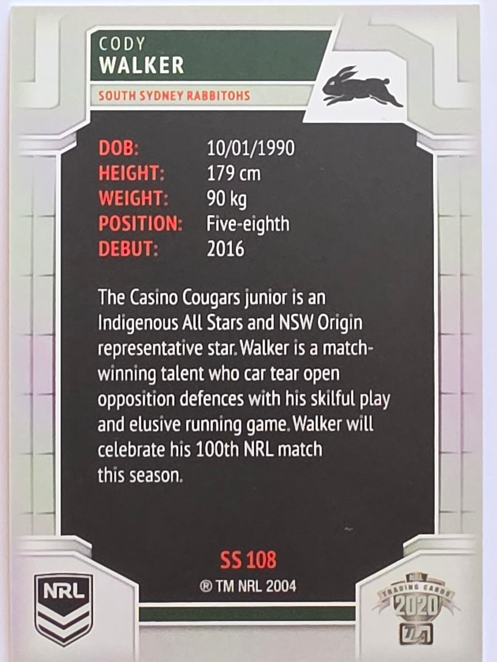 NRL 2020 Elite Silver Parallel #108 Cody Walker South Sydney Rabbitohs
