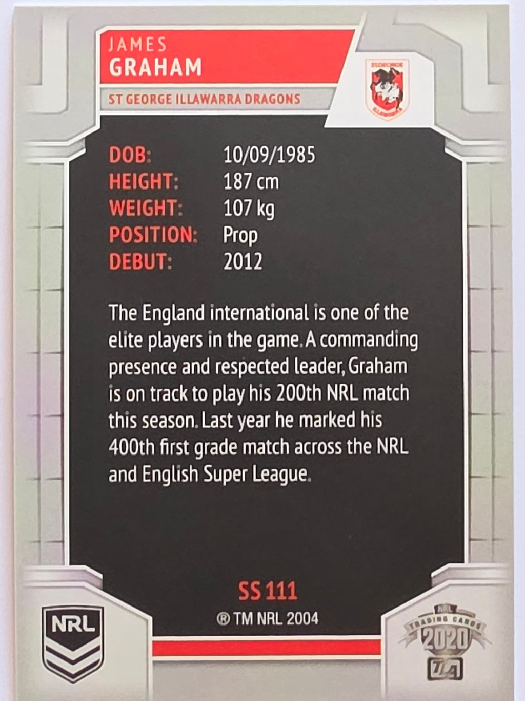 NRL 2020 Elite Silver Parallel #111 James Graham St George Illawarra Dragons