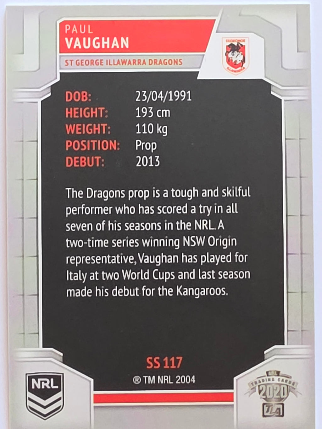 NRL 2020 Elite Silver Parallel #117 Paul Vaughan St George Illawarra Dragons