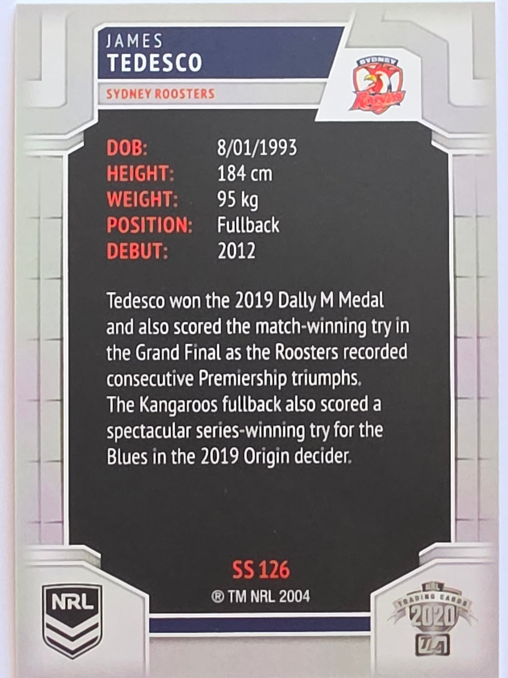 NRL 2020 Elite Silver Parallel #126 James Tedesco Sydney Roosters