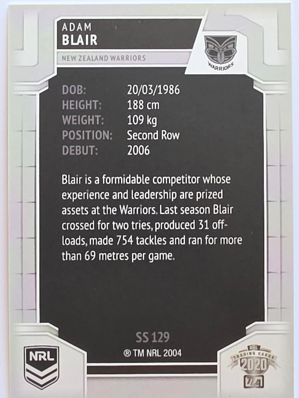 NRL 2020 Elite Silver Parallel #129 Adam Blair New Zealand Warriors