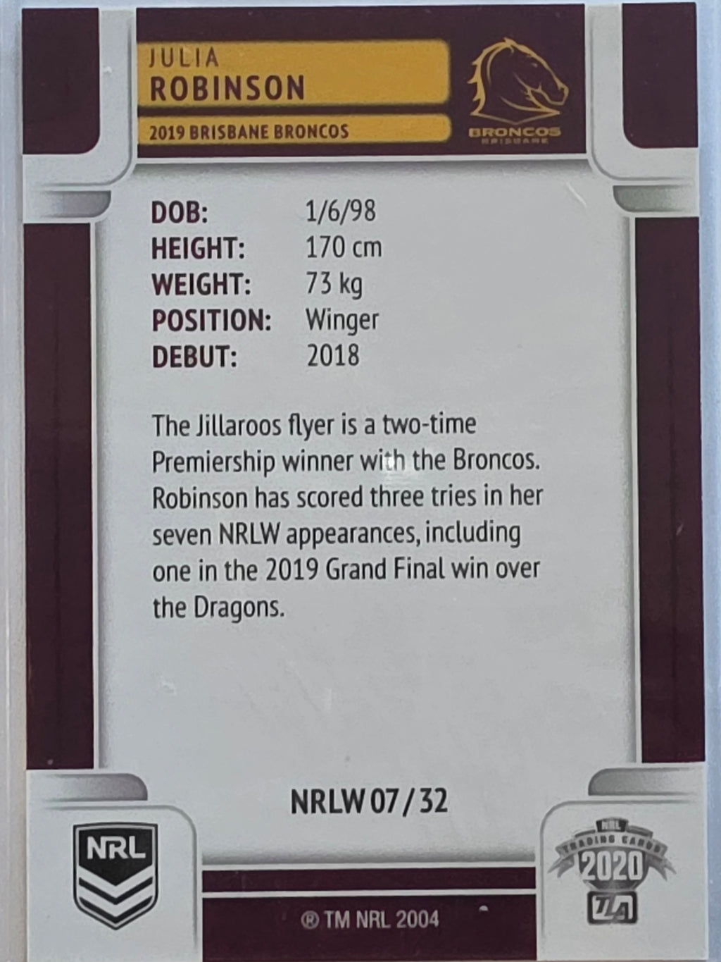 NRL 2020 Elite |NRLW | #NRLW07 | Julia Robinson | Brisbane Broncos