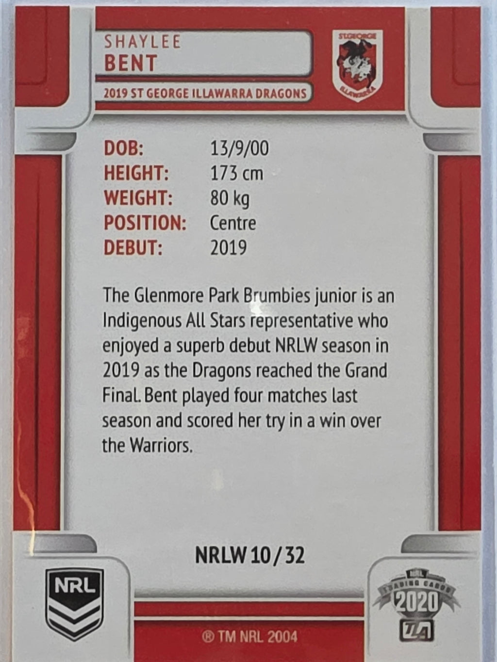 NRL 2020 Elite |NRLW | #NRLW10 | Shaylee Bent | St George Dragons