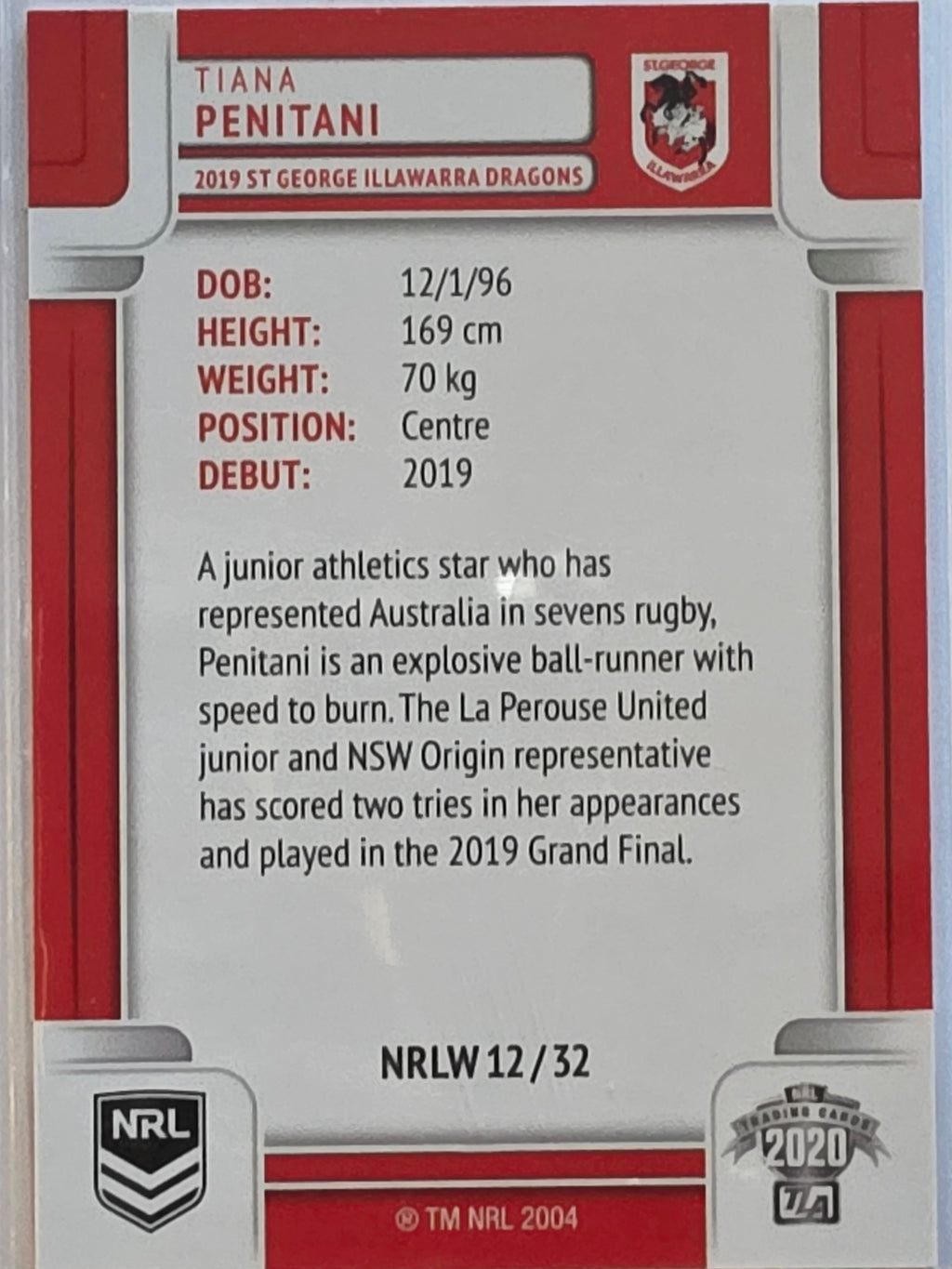 NRL 2020 Elite |NRLW | #NRLW12 | Tiana Penitani | St George Dragons
