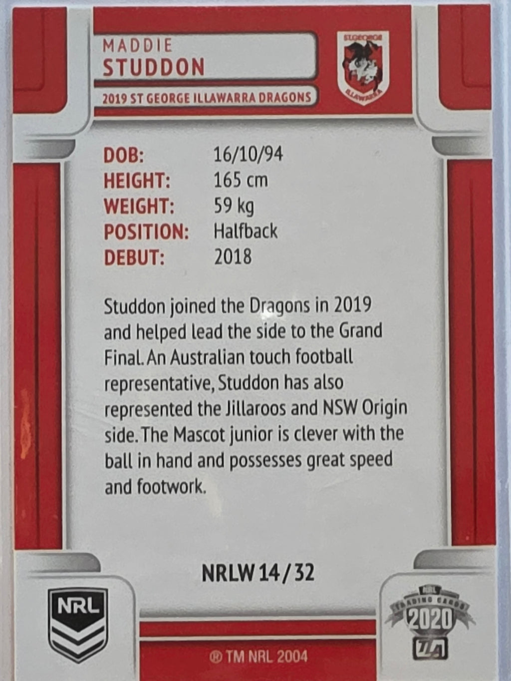 NRL 2020 Elite |NRLW | #NRLW14 | Maddie Studdon | St George Dragons