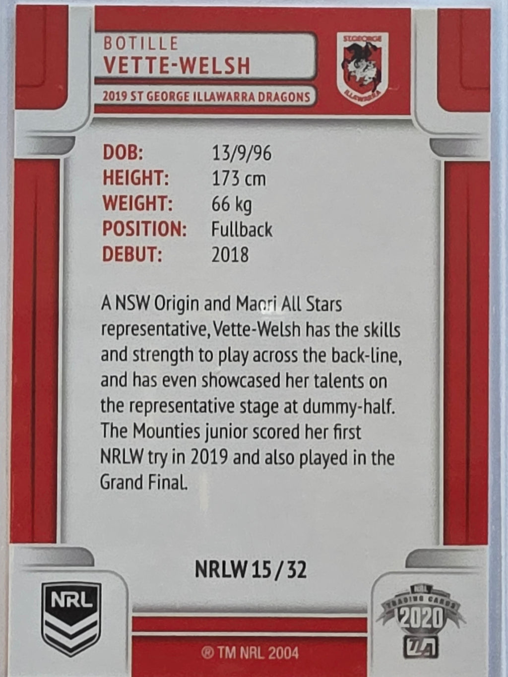 NRL 2020 Elite |NRLW | #NRLW15 | Bottile Vette-Welsh | St George Dragons