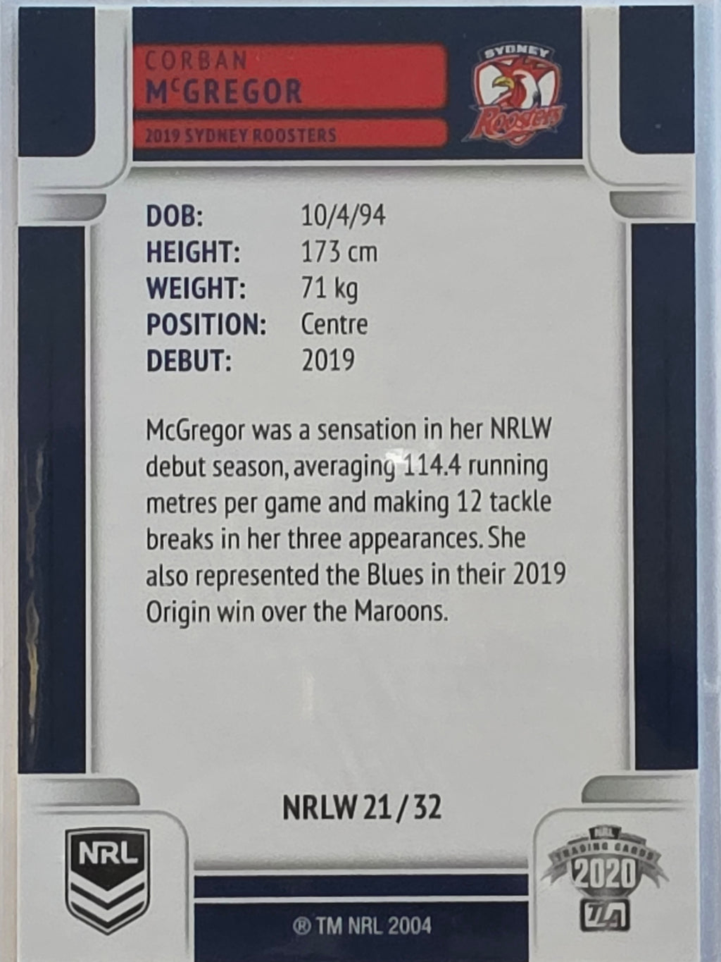 NRL 2020 Elite |NRLW | #NRLW21 | Corban McGregor | Sydney Roosters