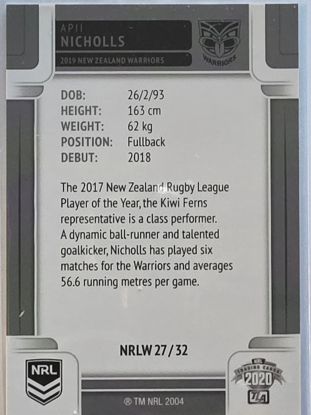 NRL 2020 Elite | NRLW | #NRLW27 | Apii Nichols | New Zealand Warriors