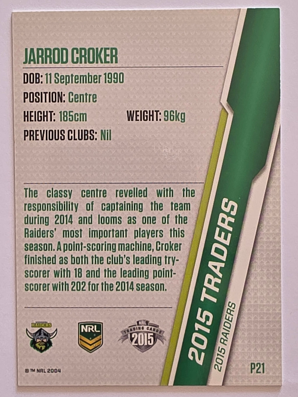 NRL 2015 Traders | Silver Parallel #P21 Jarrod Croker Canberra Raiders