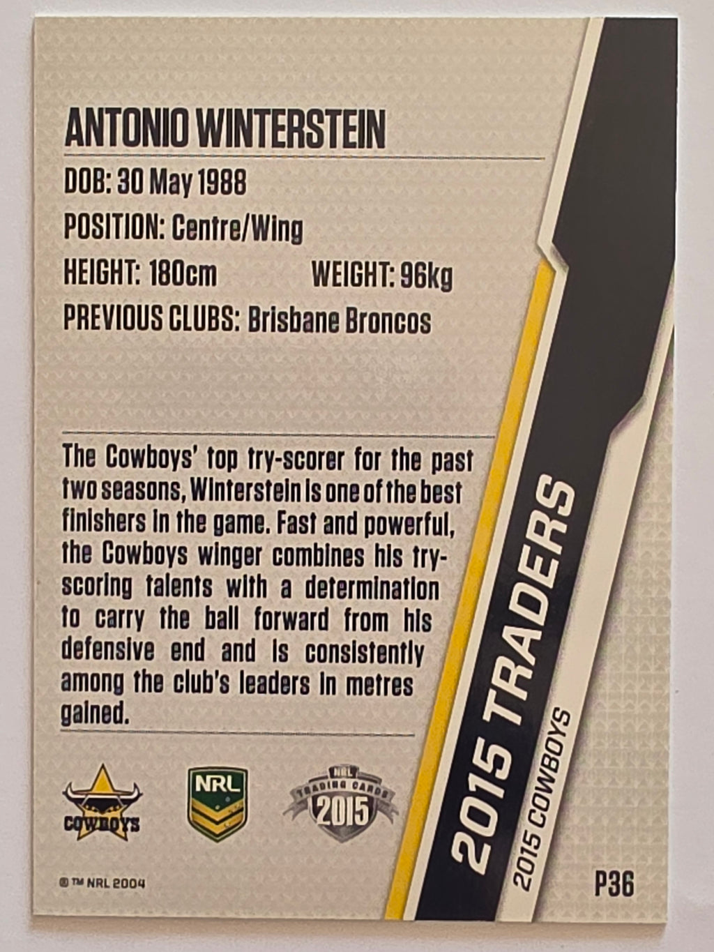 NRL 2015 Traders | Silver Parallel #P36 Antonio Winterstein North Queensland Cowboys