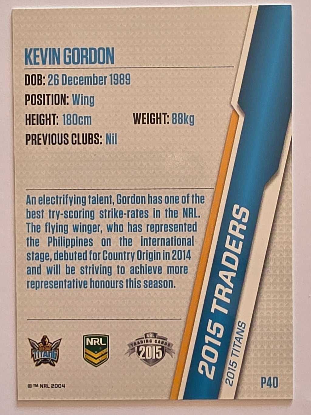 NRL 2015 Traders | Silver Parallel #P40 Kevin Gordon Gold Coast Titans