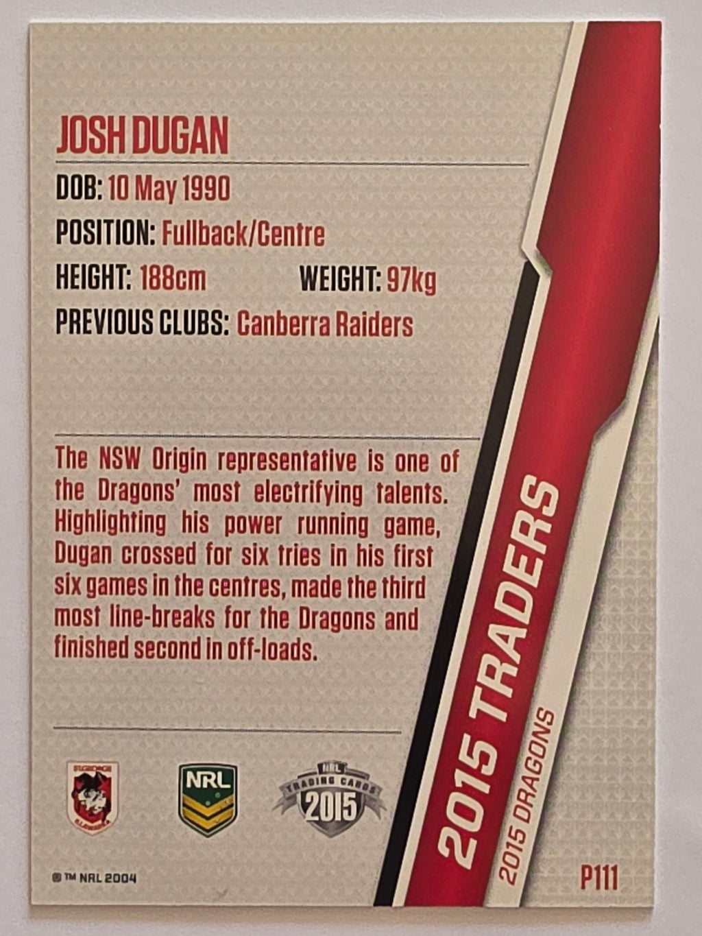 NRL 2015 Traders | Silver Parallel #P111 Josh Dugan St George Dragons