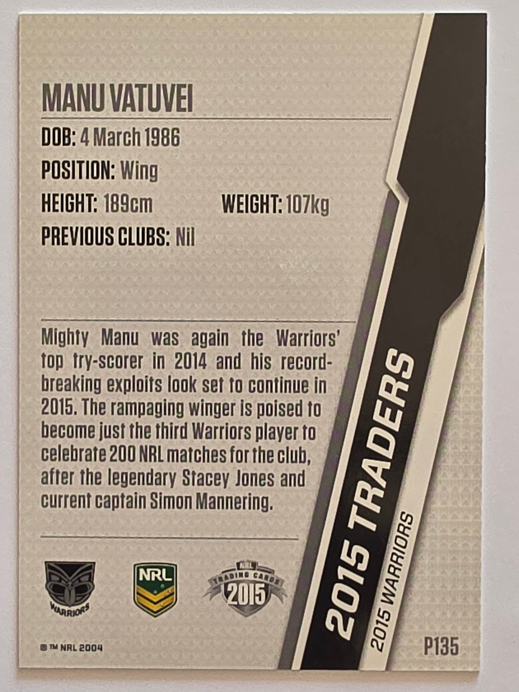 NRL 2015 Traders | Silver Parallel #P135 Manu Vatuvei New Zealand Warriors