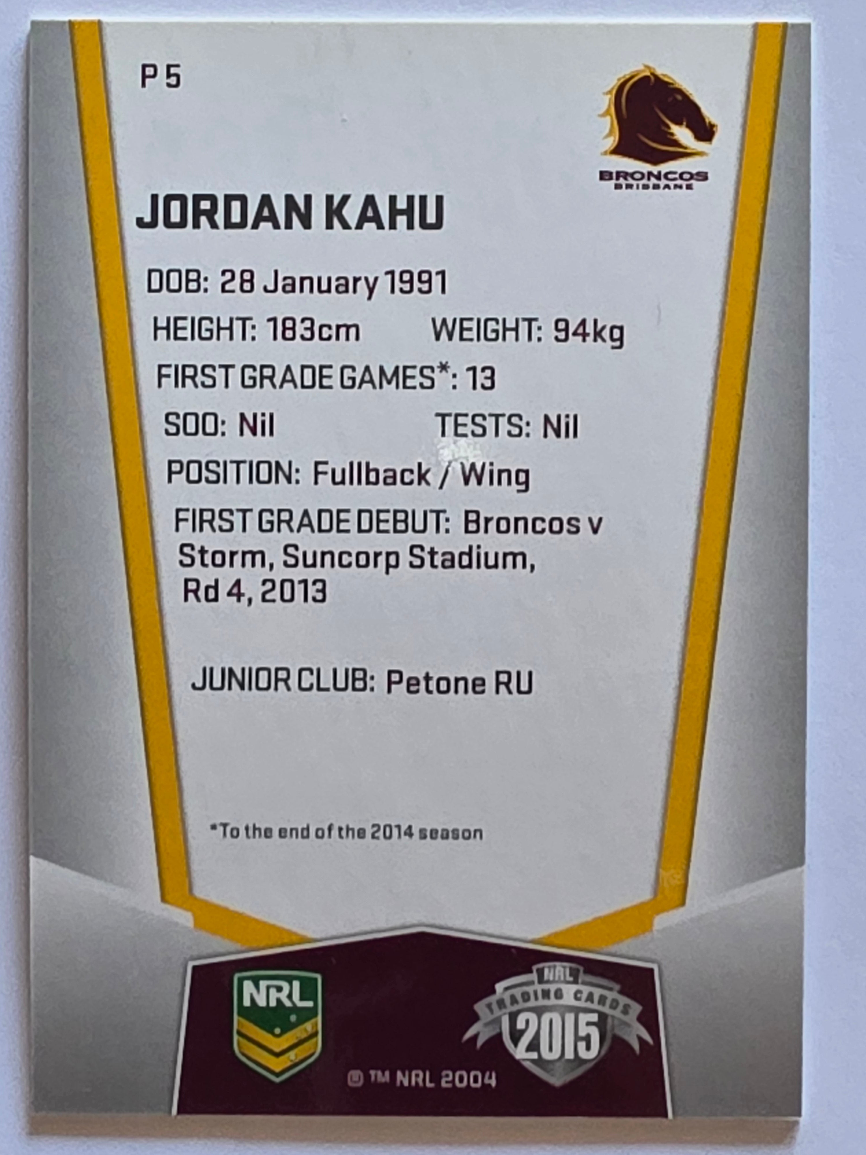 NRL 2015 Elite | Silver Parallel #P5 | Jordan Kahu | Brisbane Broncos