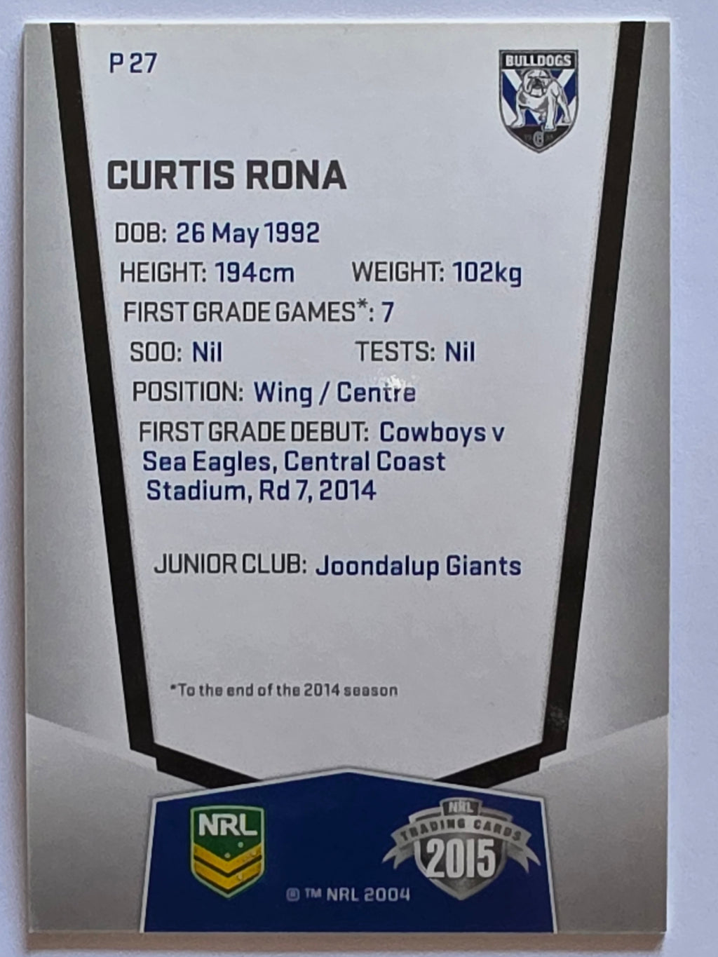 NRL 2015 Elite | Silver Parallel #P27 | Curtis Rona | Canterbury-Bankstown Bulldogs