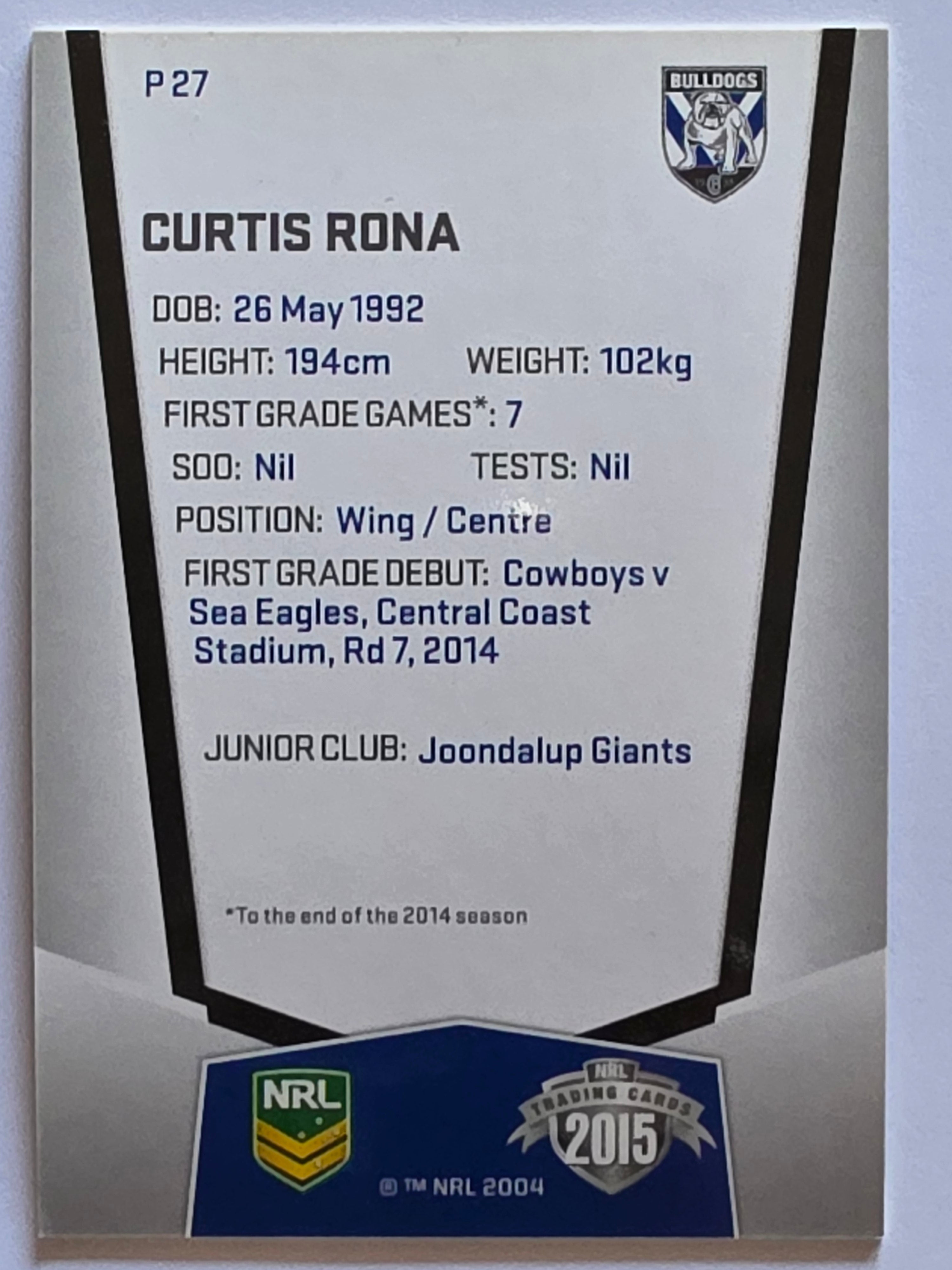 NRL 2015 Elite | Silver Parallel #P27 | Curtis Rona | Canterbury-Bankstown Bulldogs