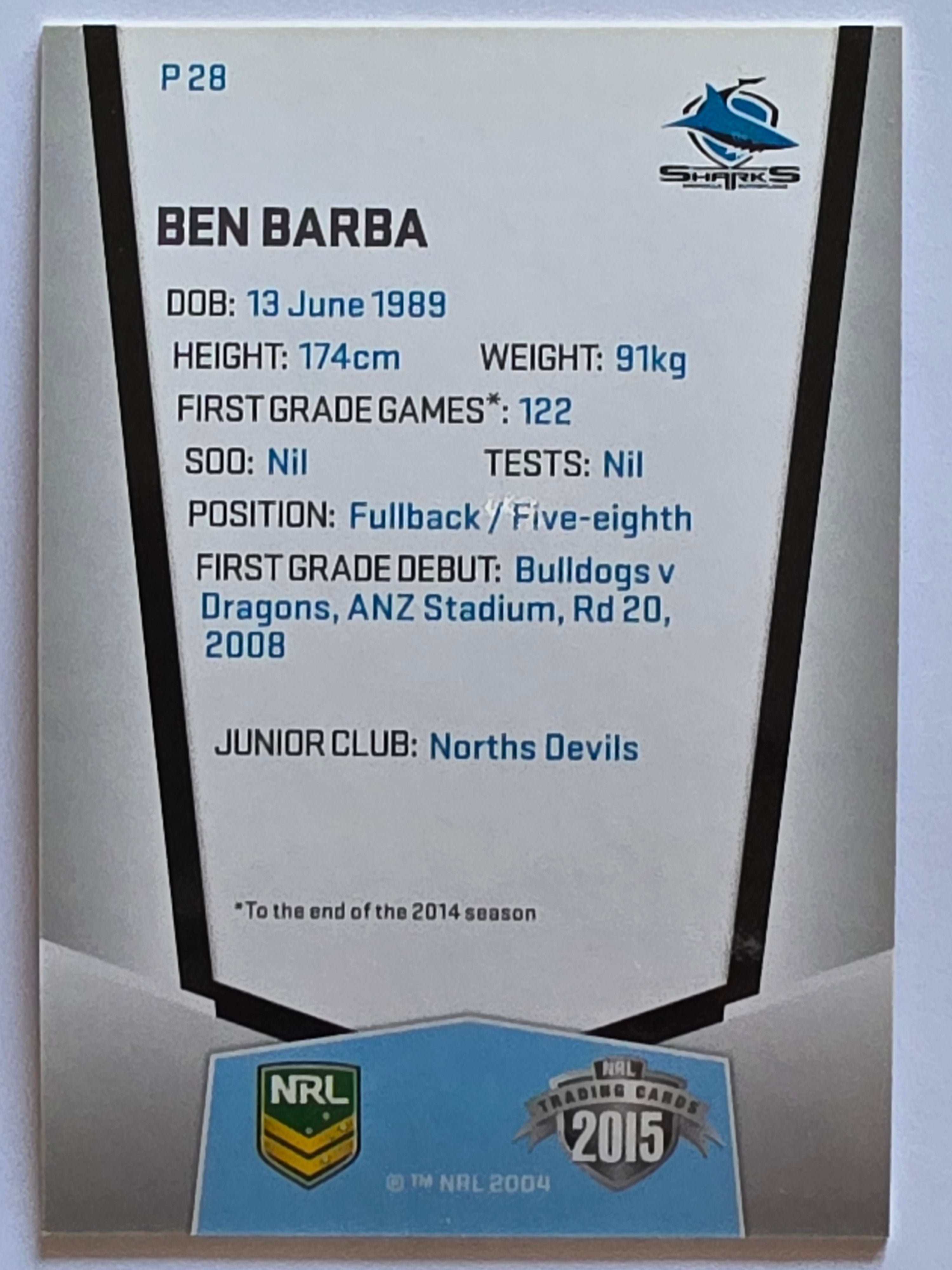 NRL 2015 Elite | Silver Parallel #P28 | Ben Barba | Cronulla-Sutherland Sharks