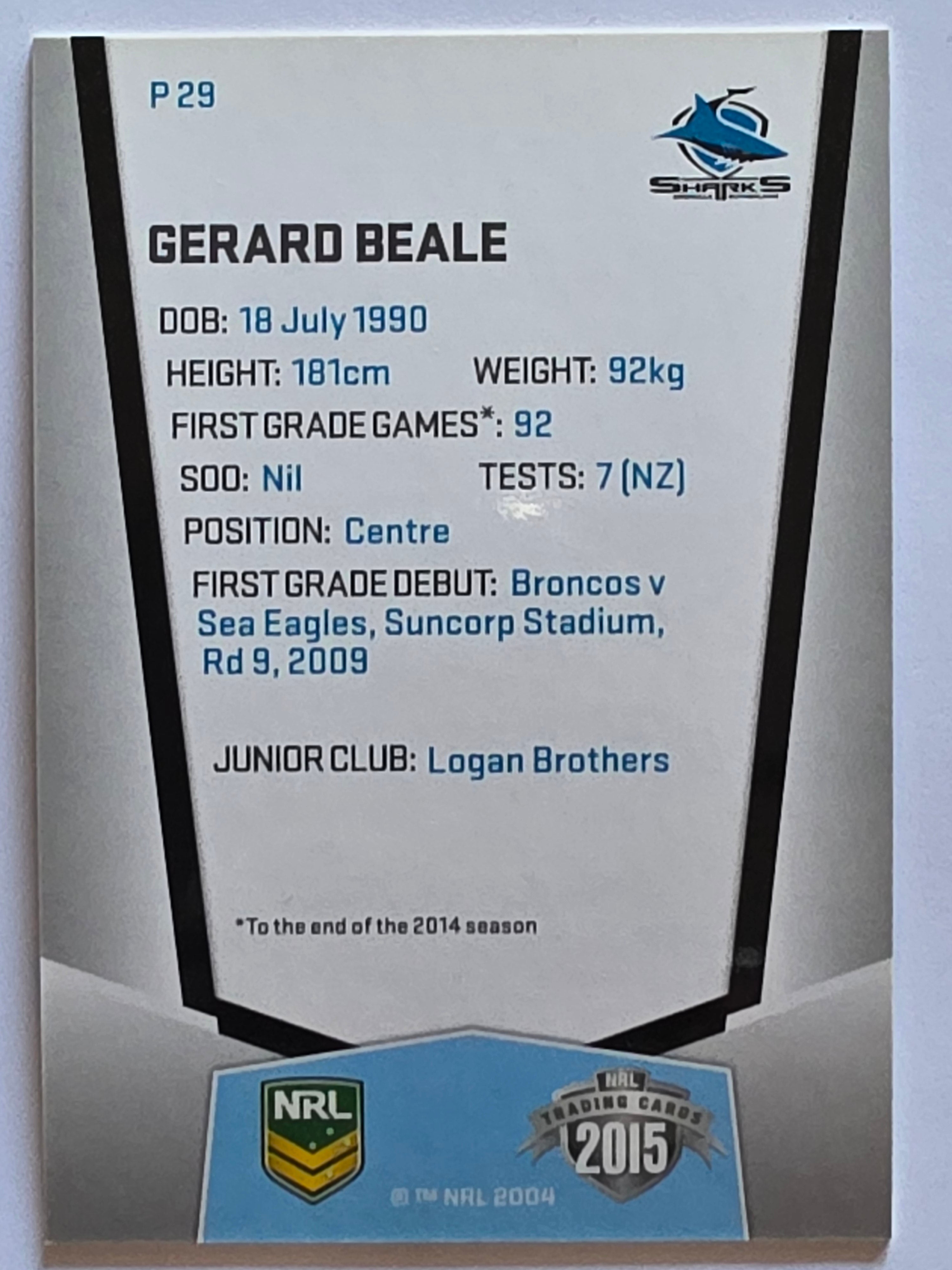 NRL 2015 Elite | Silver Parallel #P29 | Gerard Beale | Cronulla-Sutherland Sharks