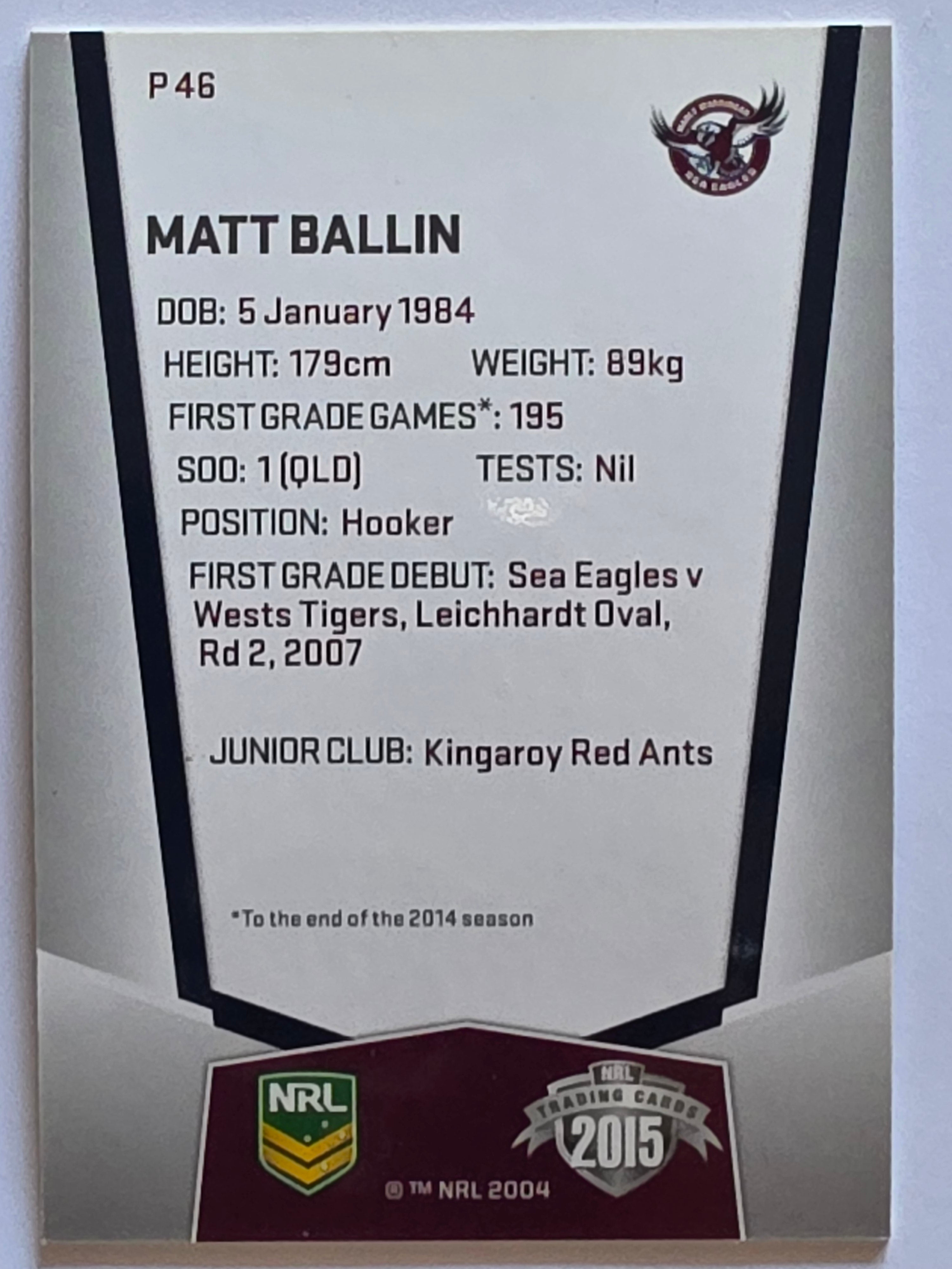 NRL 2015 Elite | Silver Parallel #P46 | Matt Ballin | Manly Warringah Sea Eagles