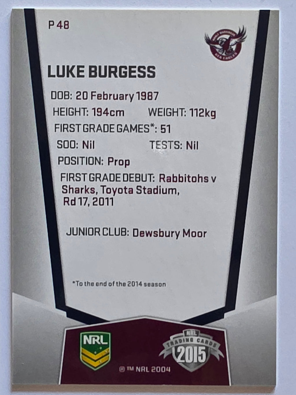 NRL 2015 Elite | Silver Parallel #P48 | Luke Burgess | Manly Warringah Sea Eagles