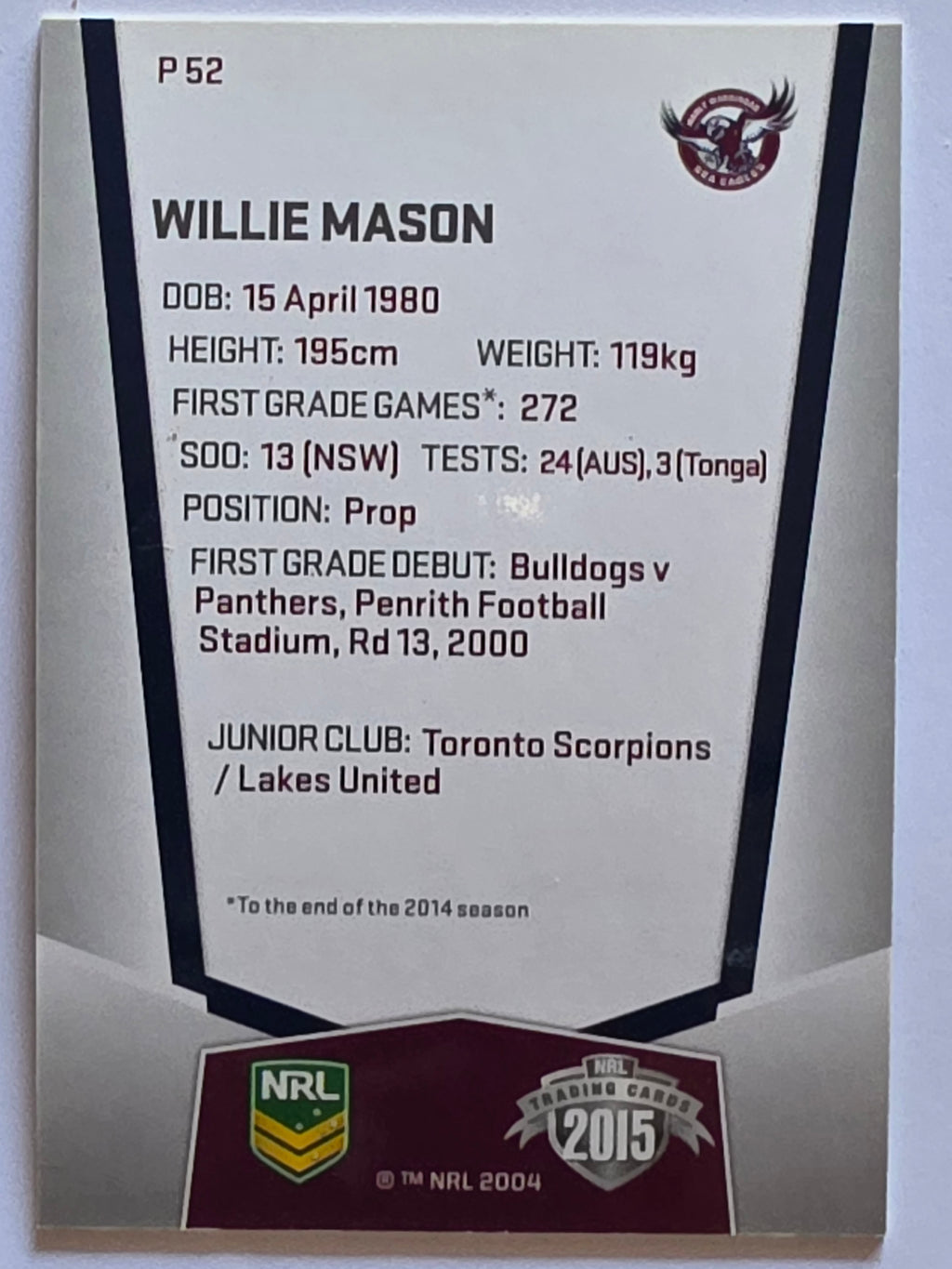NRL 2015 Elite | Silver Parallel #P52 | Willie Mason | Manly Warringah Sea Eagles