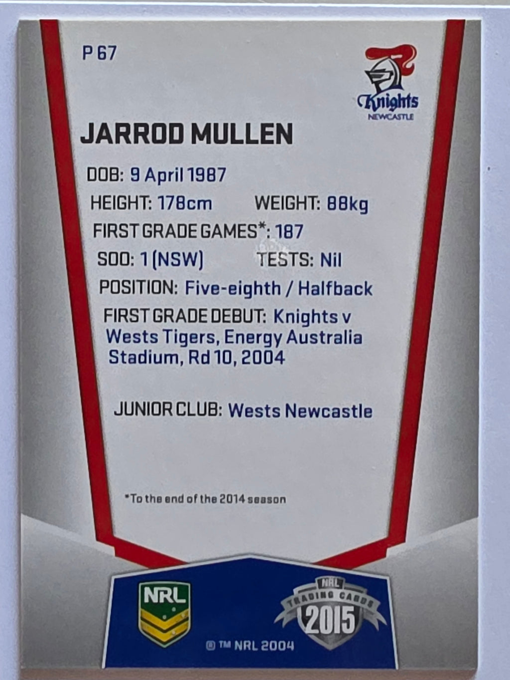 NRL 2015 Elite | Silver Parallel #P67 | Jarrod Mullen | Newcastle Knights