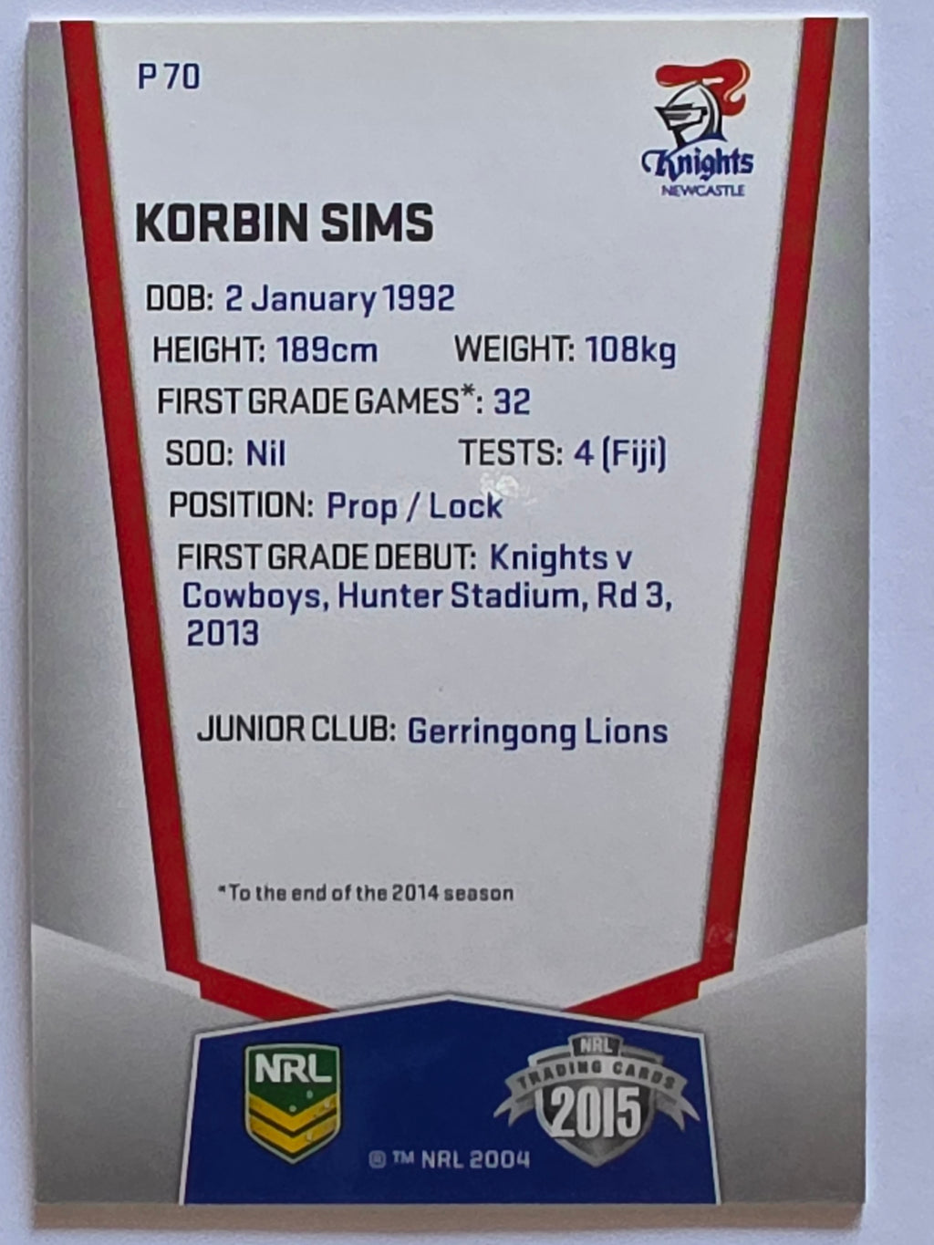 NRL 2015 Elite | Silver Parallel #P70 | Korbin Sims | Newcastle Knights