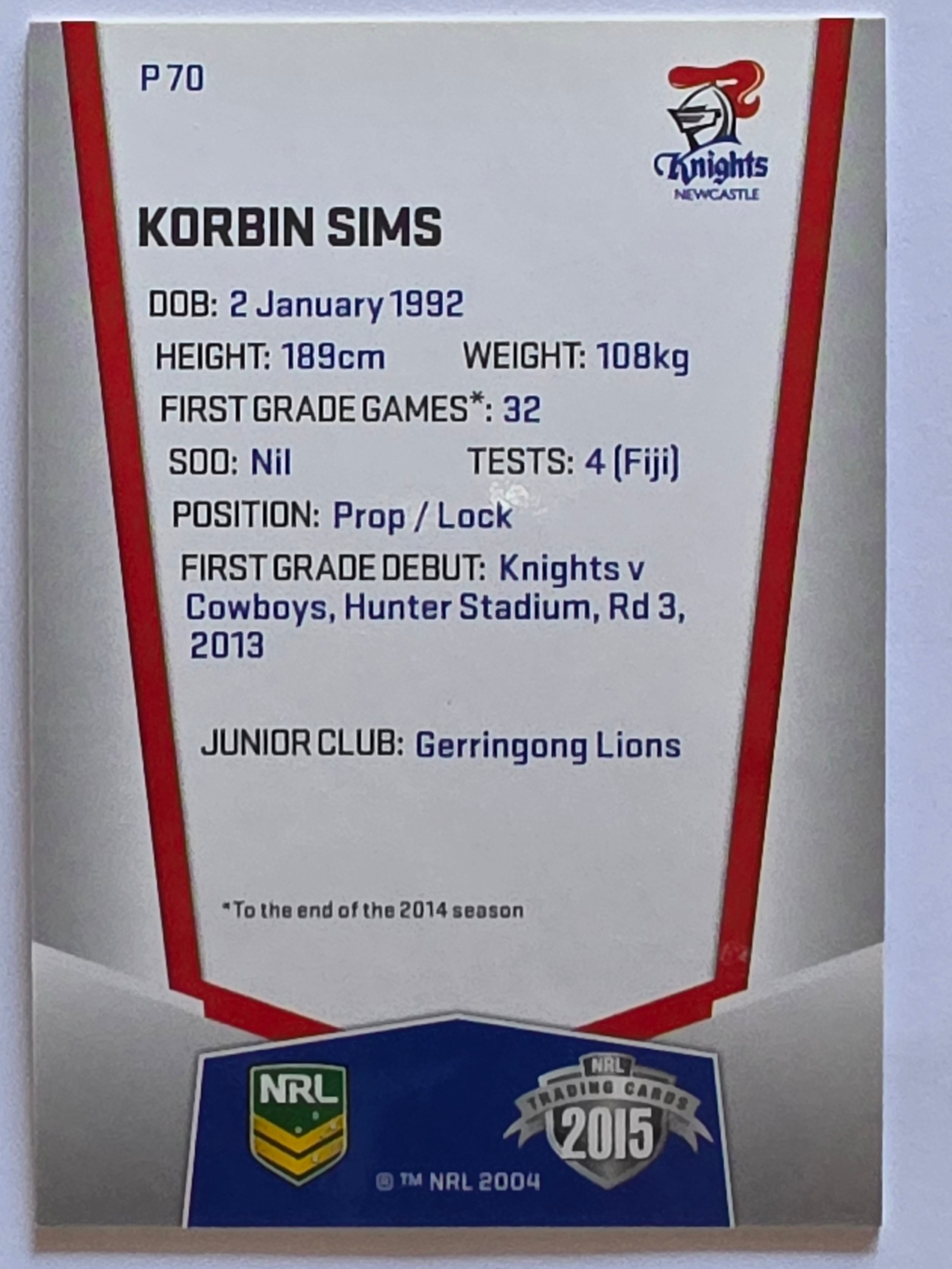 NRL 2015 Elite | Silver Parallel #P70 | Korbin Sims | Newcastle Knights
