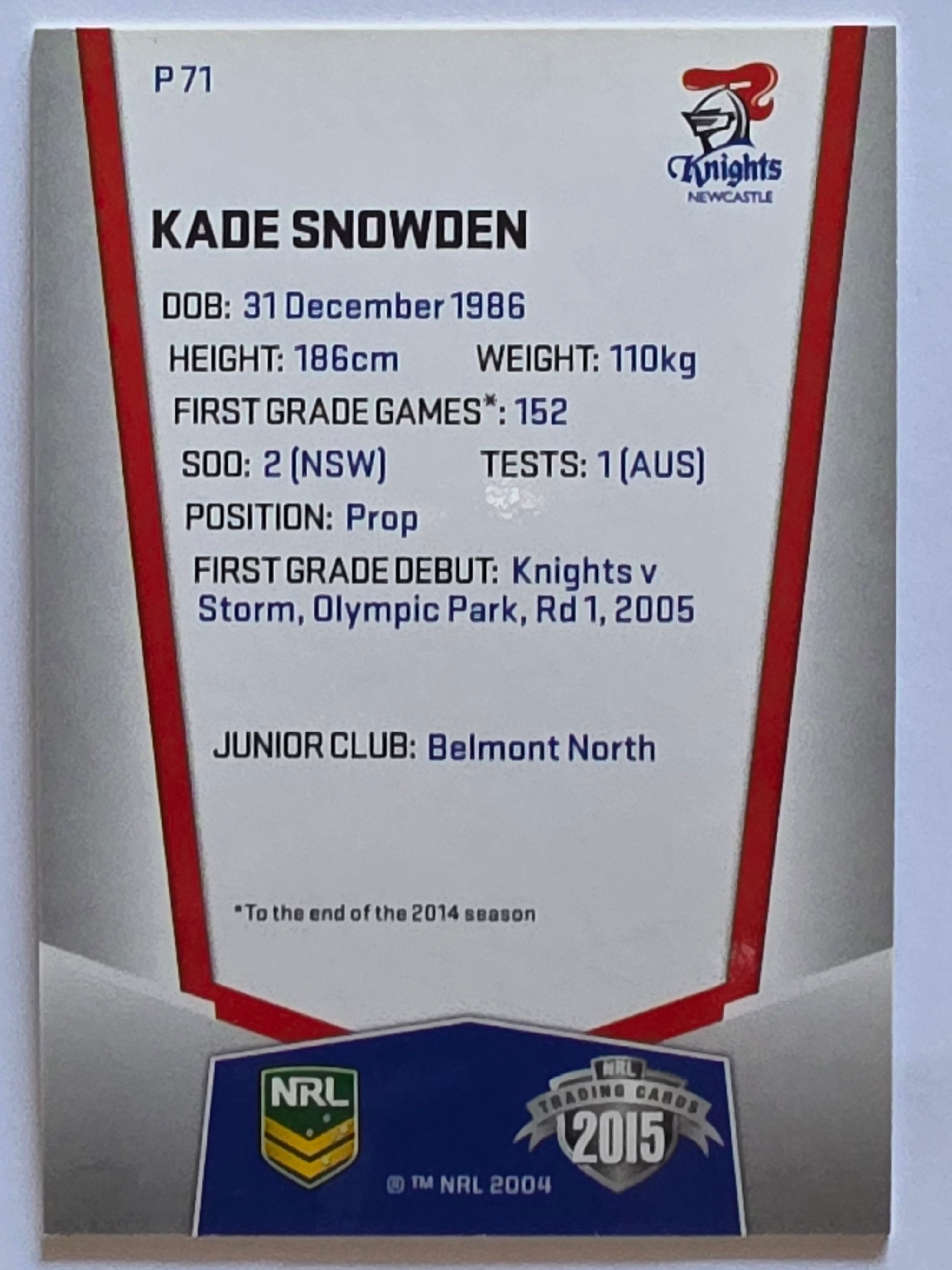 NRL 2015 Elite | Silver Parallel #P71 | Kade Snowden | Newcastle Knights