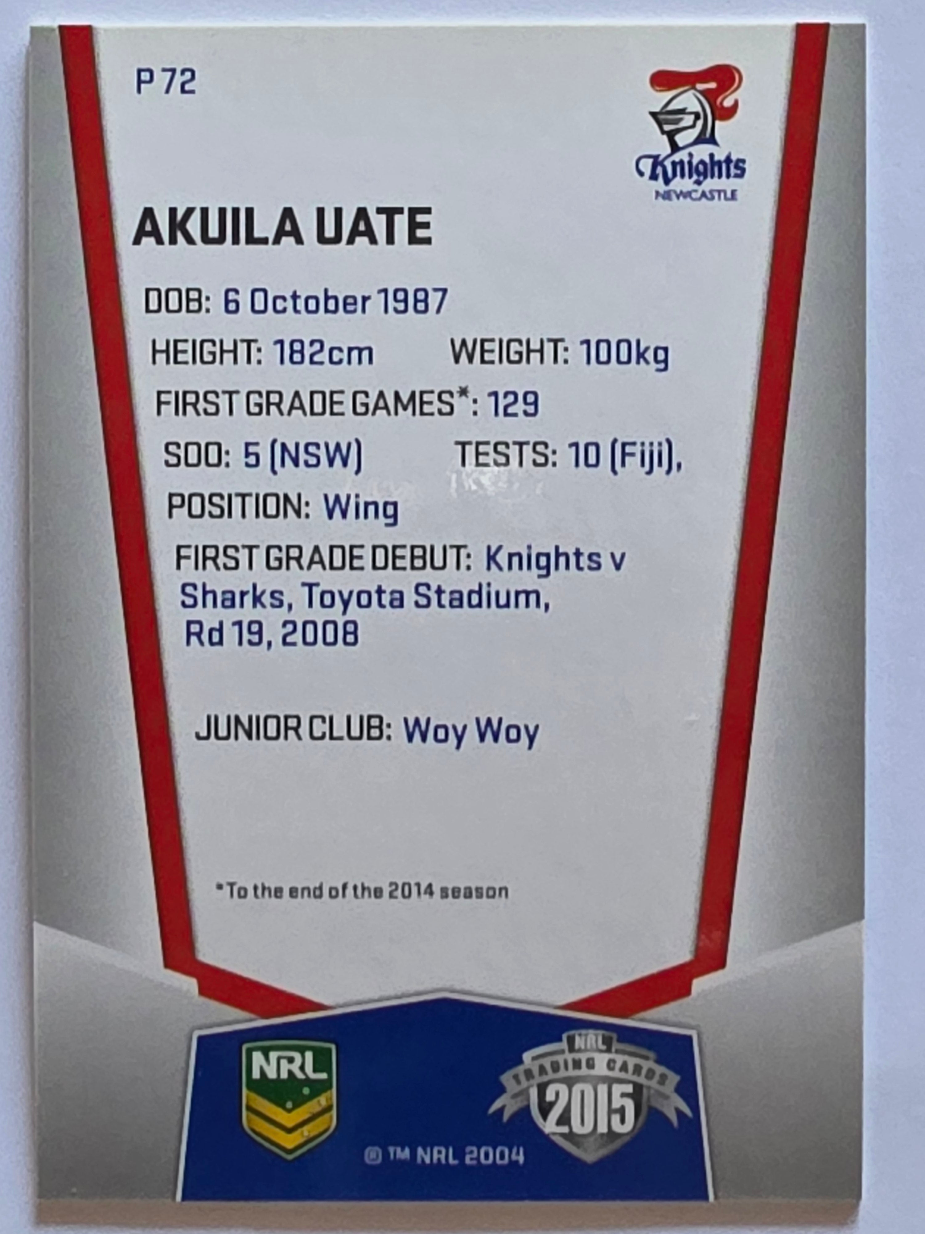NRL 2015 Elite | Silver Parallel #P72 | Akuila Uate | Newcastle Knights