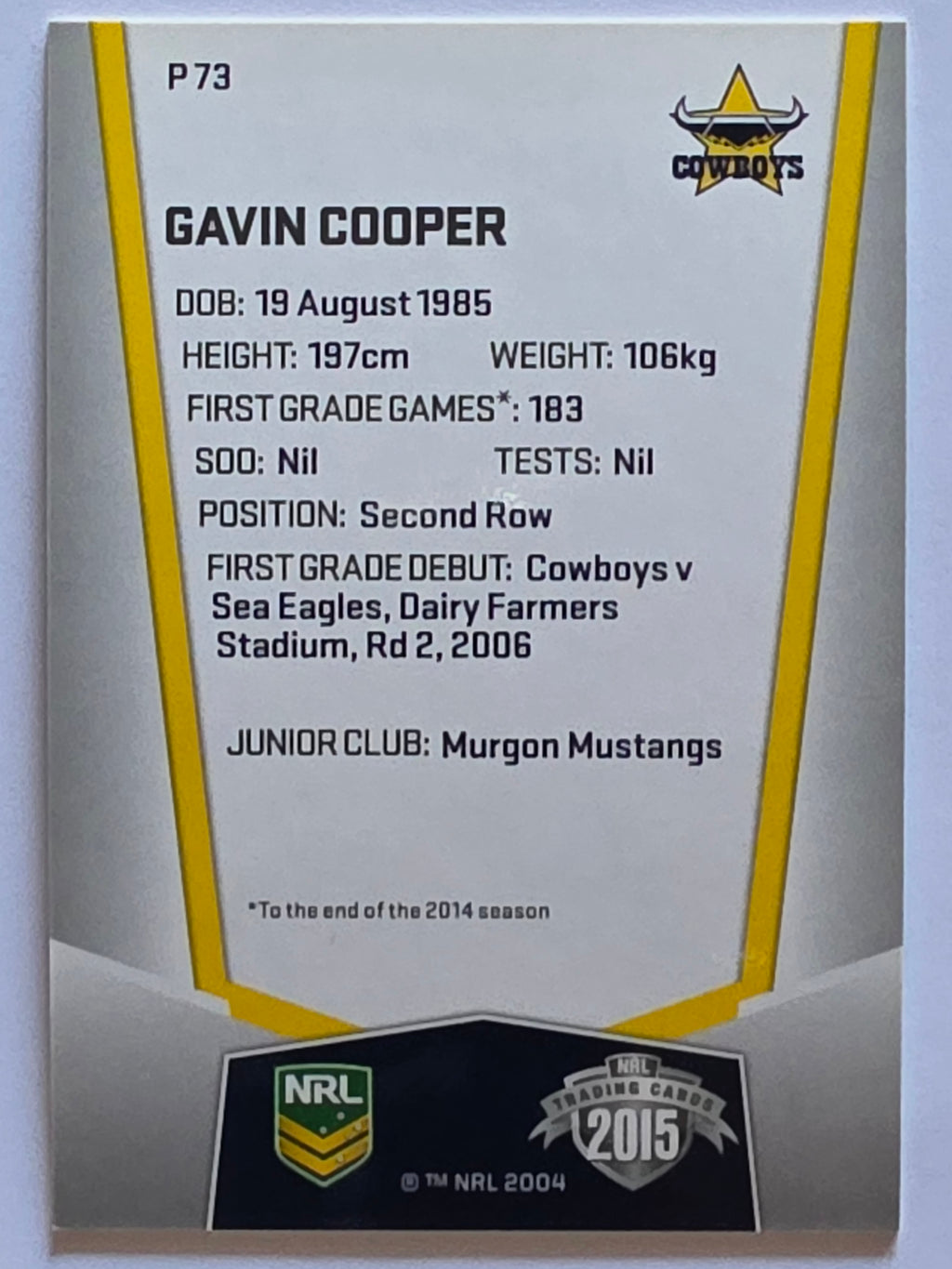 NRL 2015 Elite | Silver Parallel #P73 | Gavin Cooper | North Queensland Cowboys