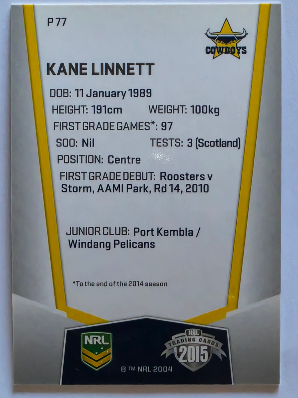 NRL 2015 Elite | Silver Parallel #P77 | Kane Linnett | North Queensland Cowboys