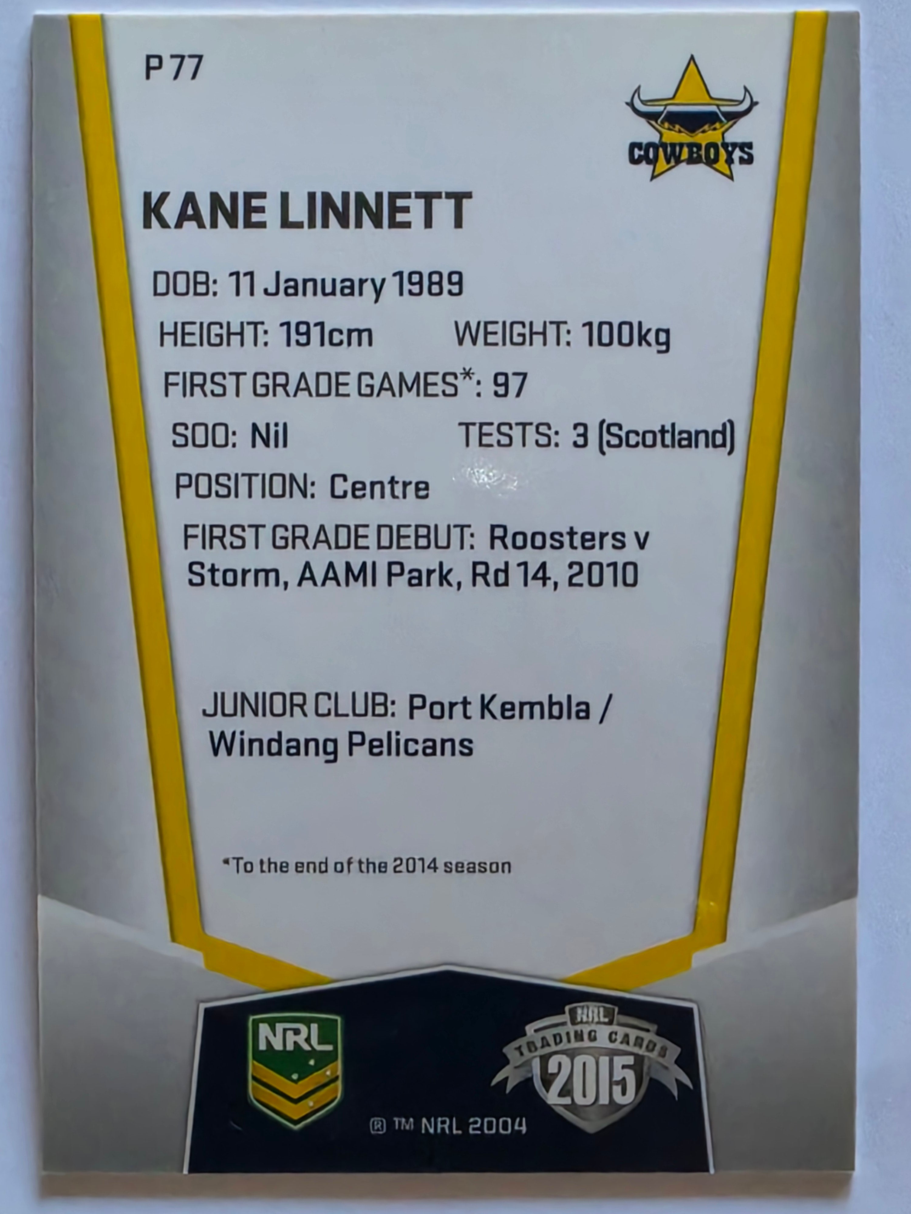 NRL 2015 Elite | Silver Parallel #P77 | Kane Linnett | North Queensland Cowboys