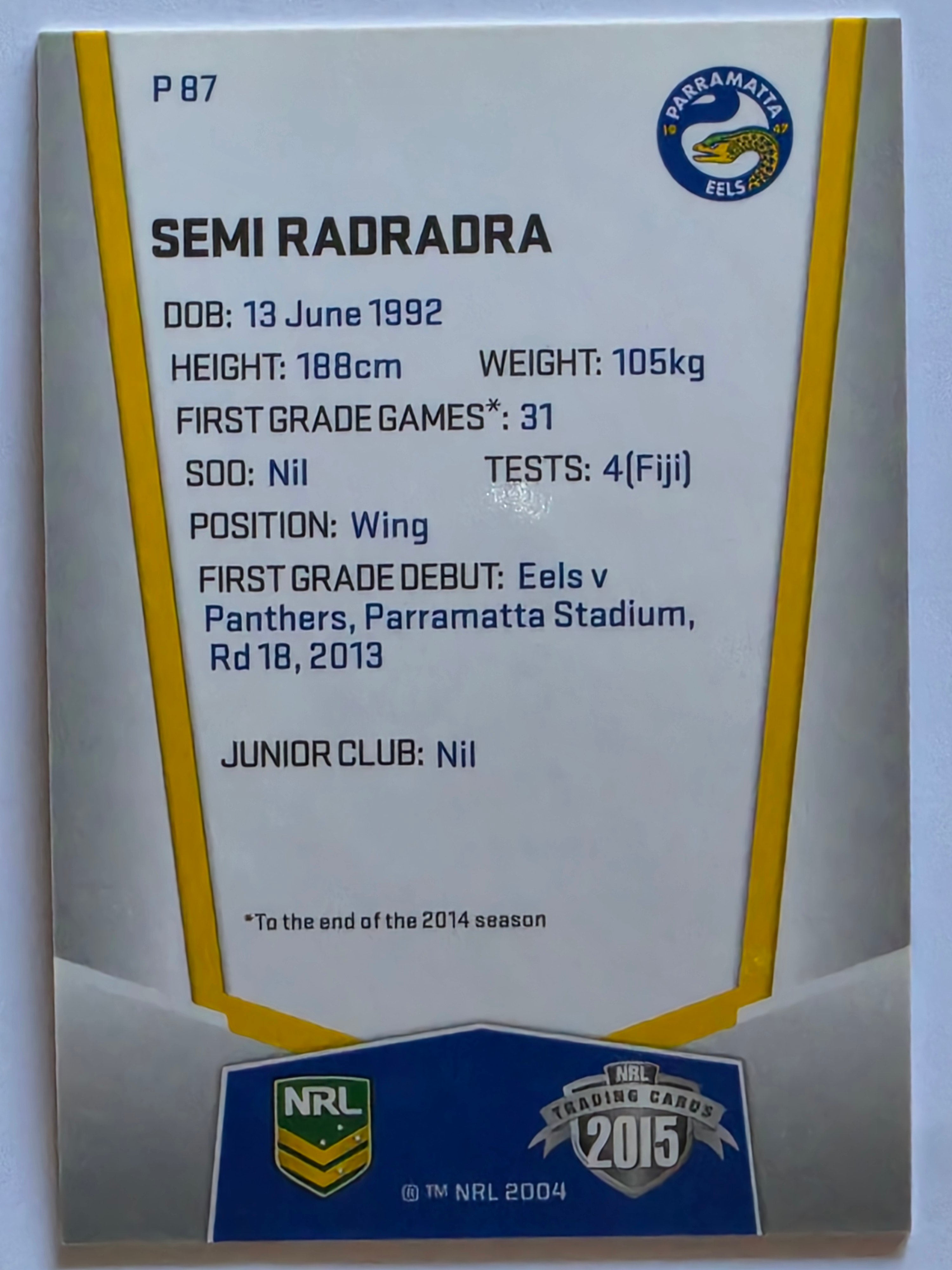 NRL 2015 Elite | Silver Parallel #P87 | Semi Radradra | Parramatta Eels