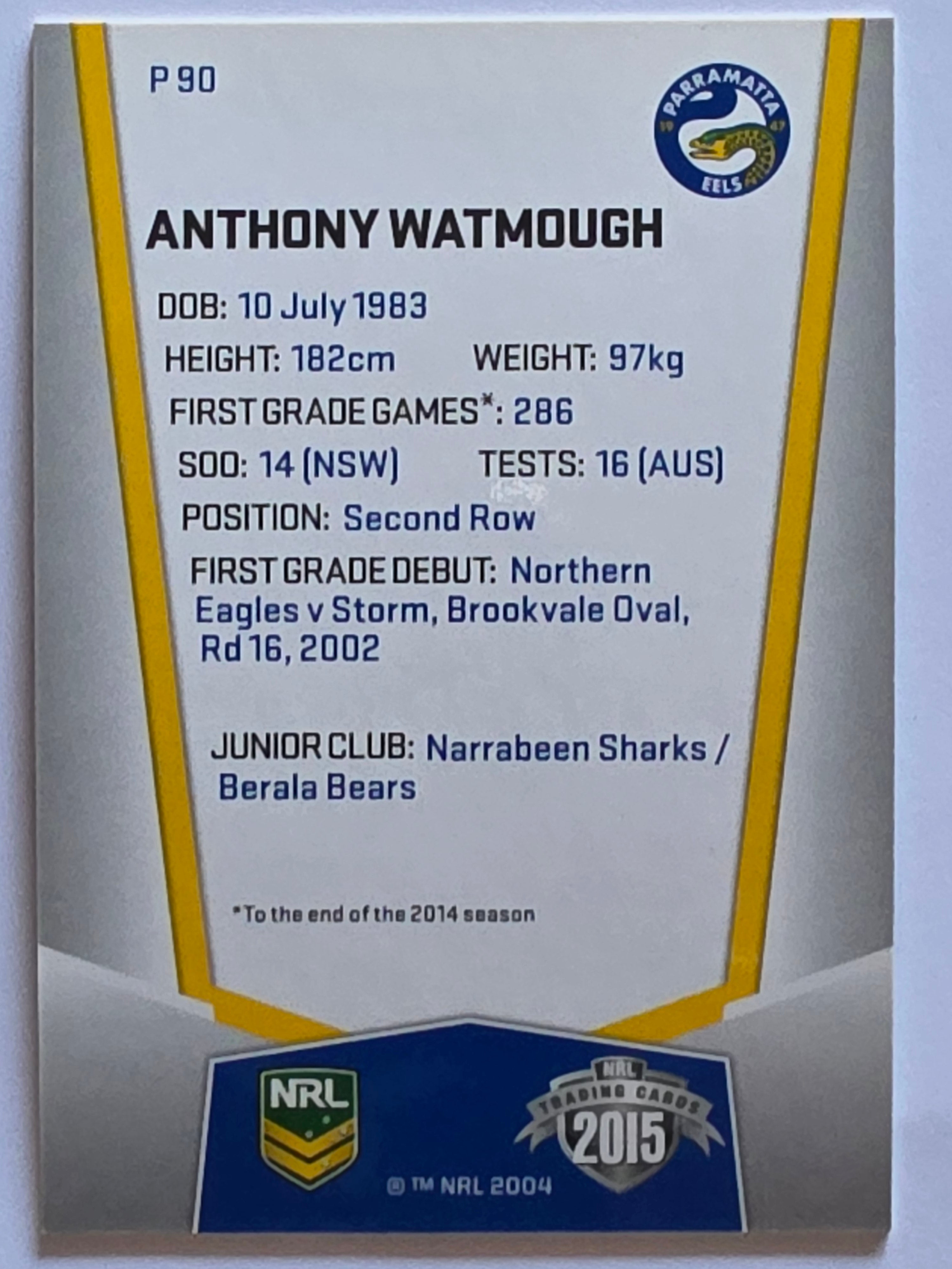 NRL 2015 Elite | Silver Parallel #P90 | Anthony Watmough | Parramatta Eels