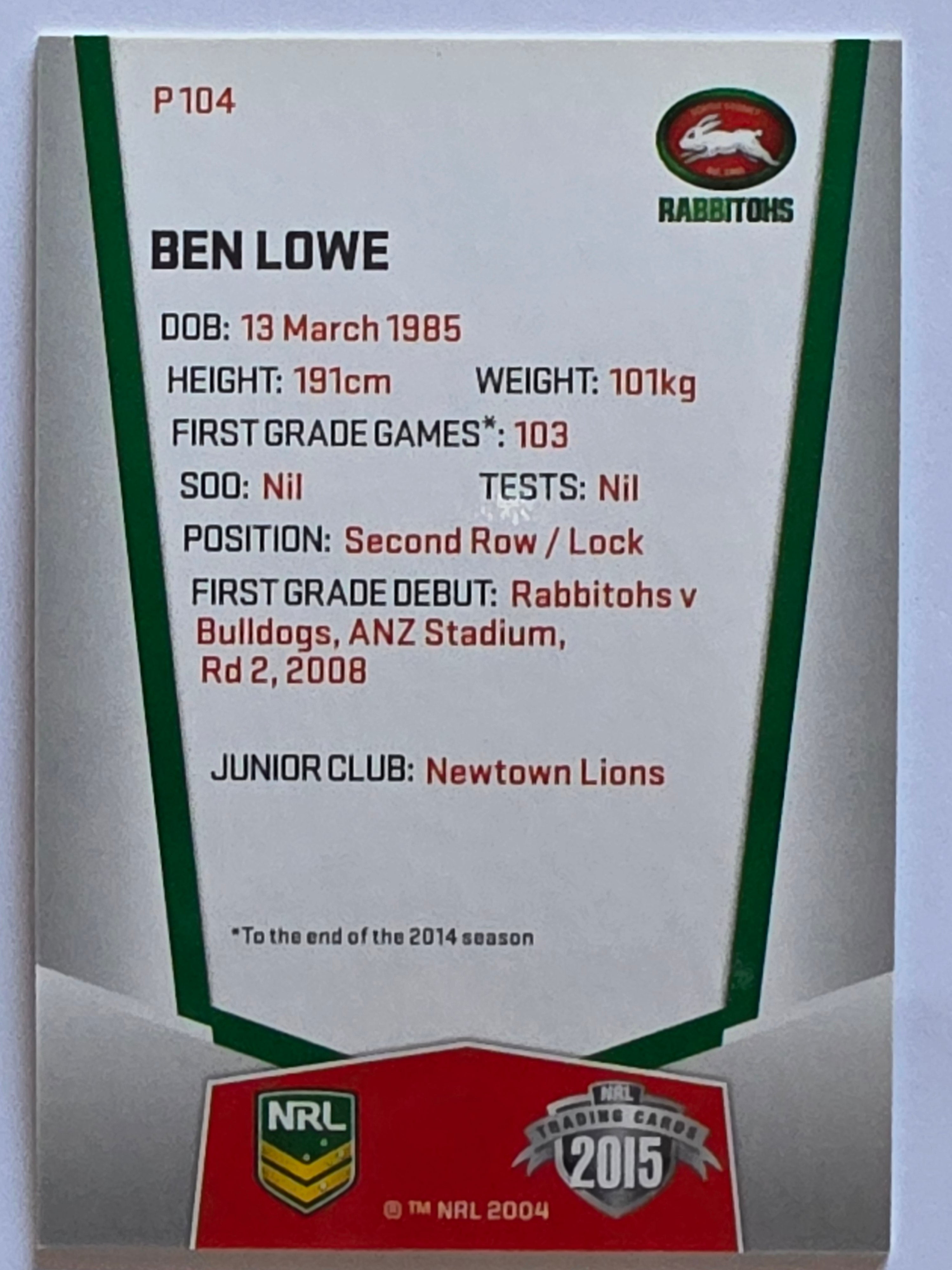 NRL 2015 Elite | Silver Parallel #P104 | Ben Lowe | South Sydney Rabbitohs