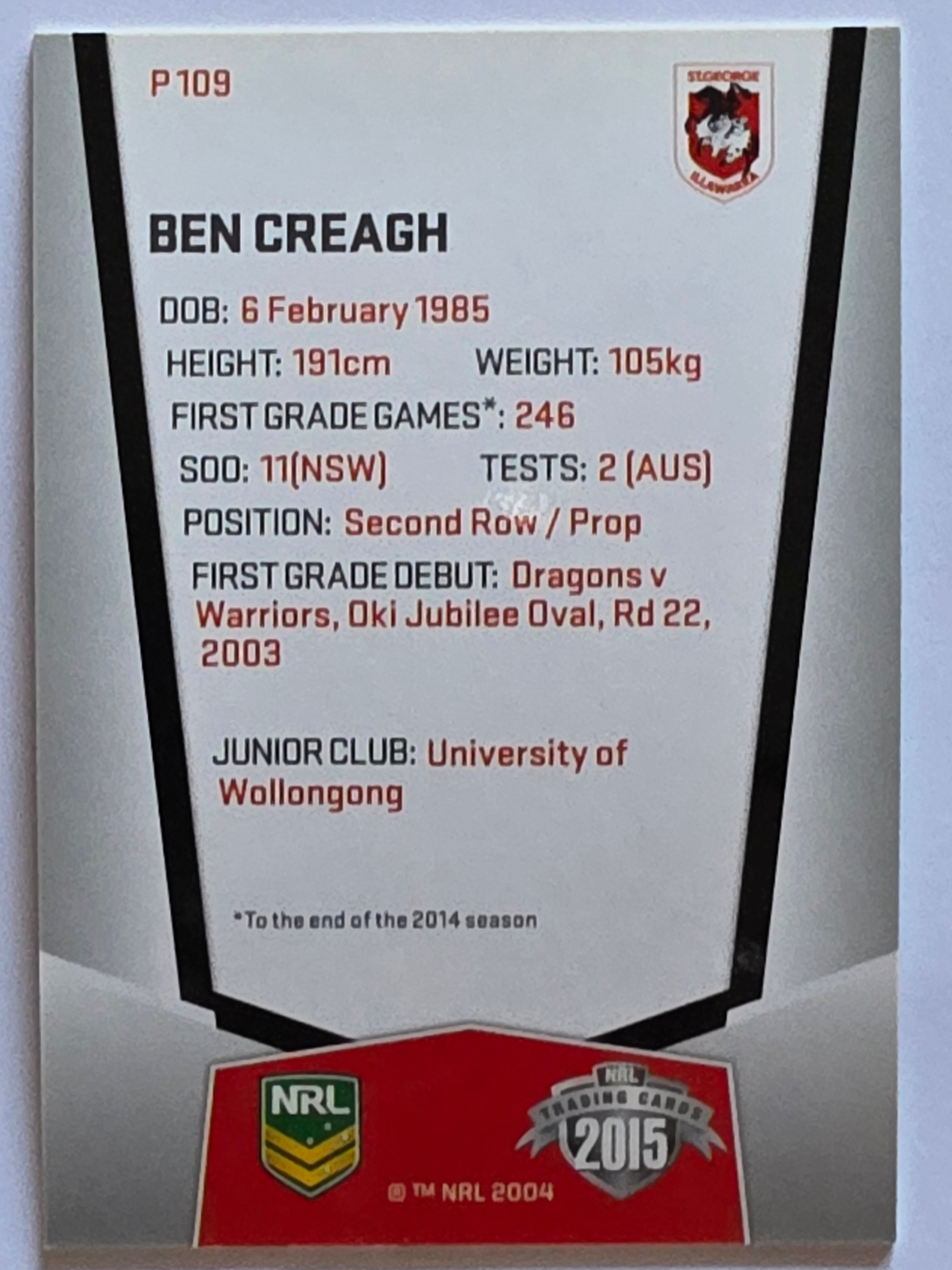 NRL 2015 Elite | Silver Parallel #P109 | Ben Creagh | St George Illawarra Dragons