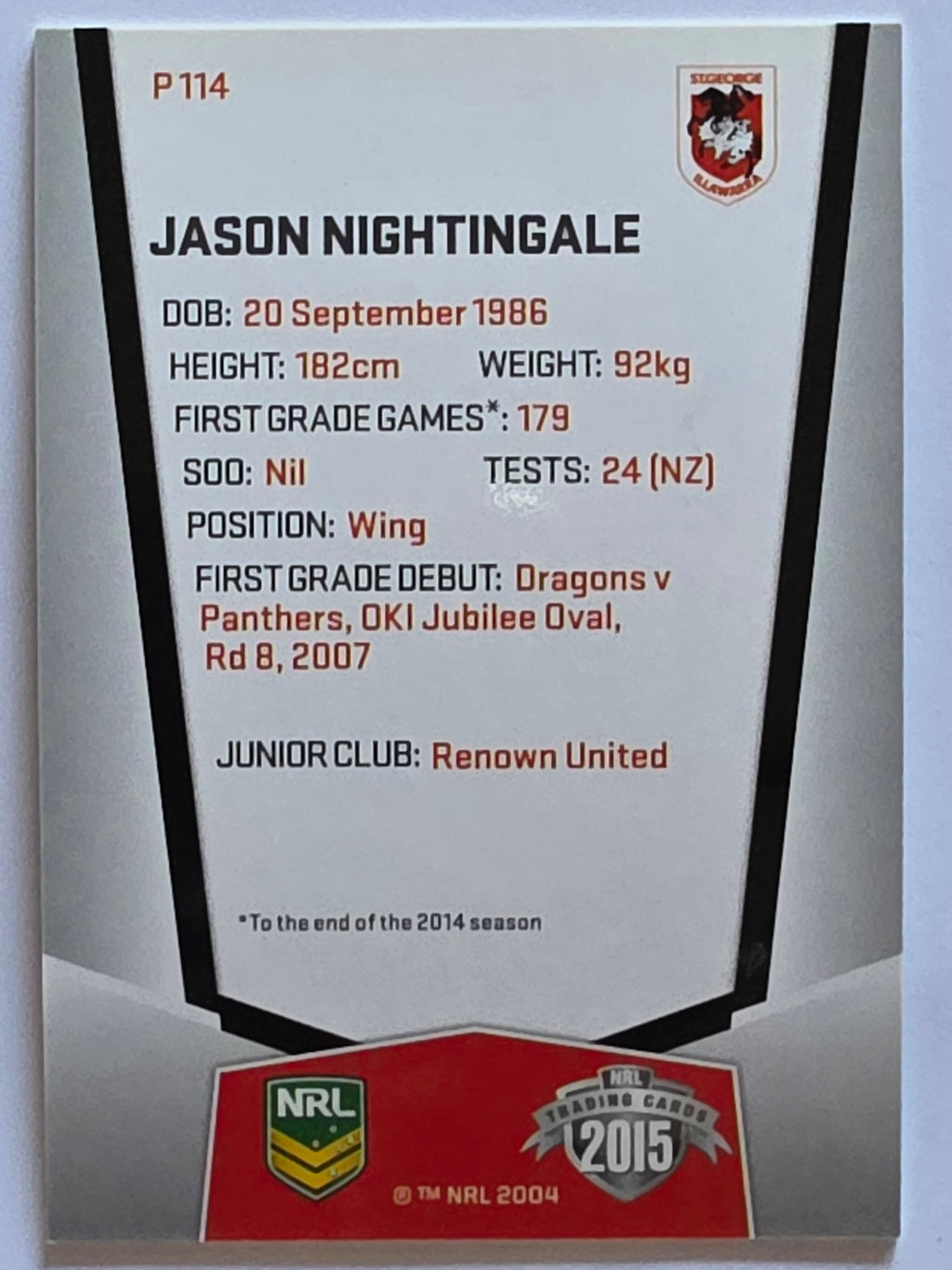 NRL 2015 Elite | Silver Parallel #P114 | Jason Nightingale | St George Illawarra Dragons