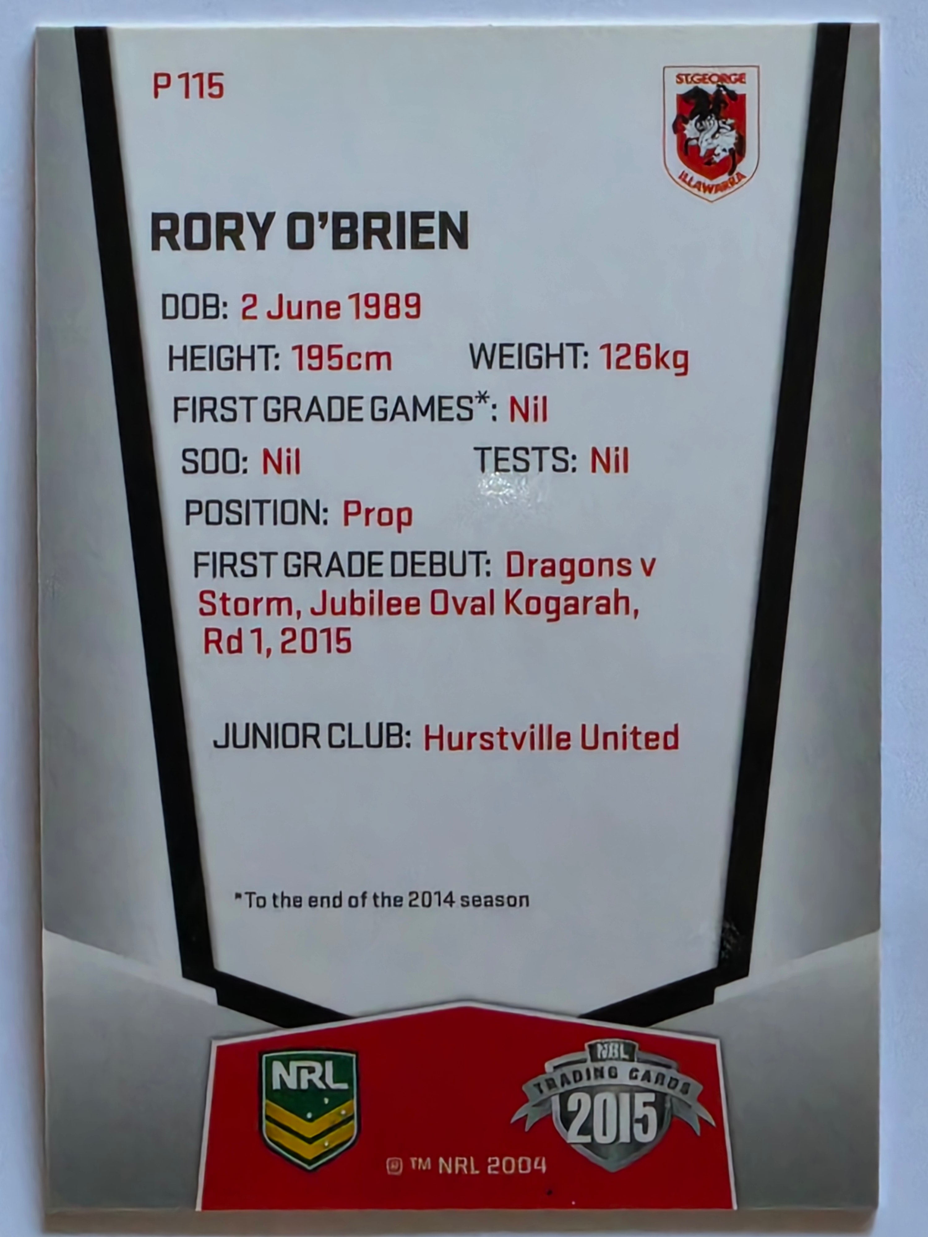 NRL 2015 Elite | Silver Parallel #P115 | Rory O'Brien | St George Illawarra Dragons