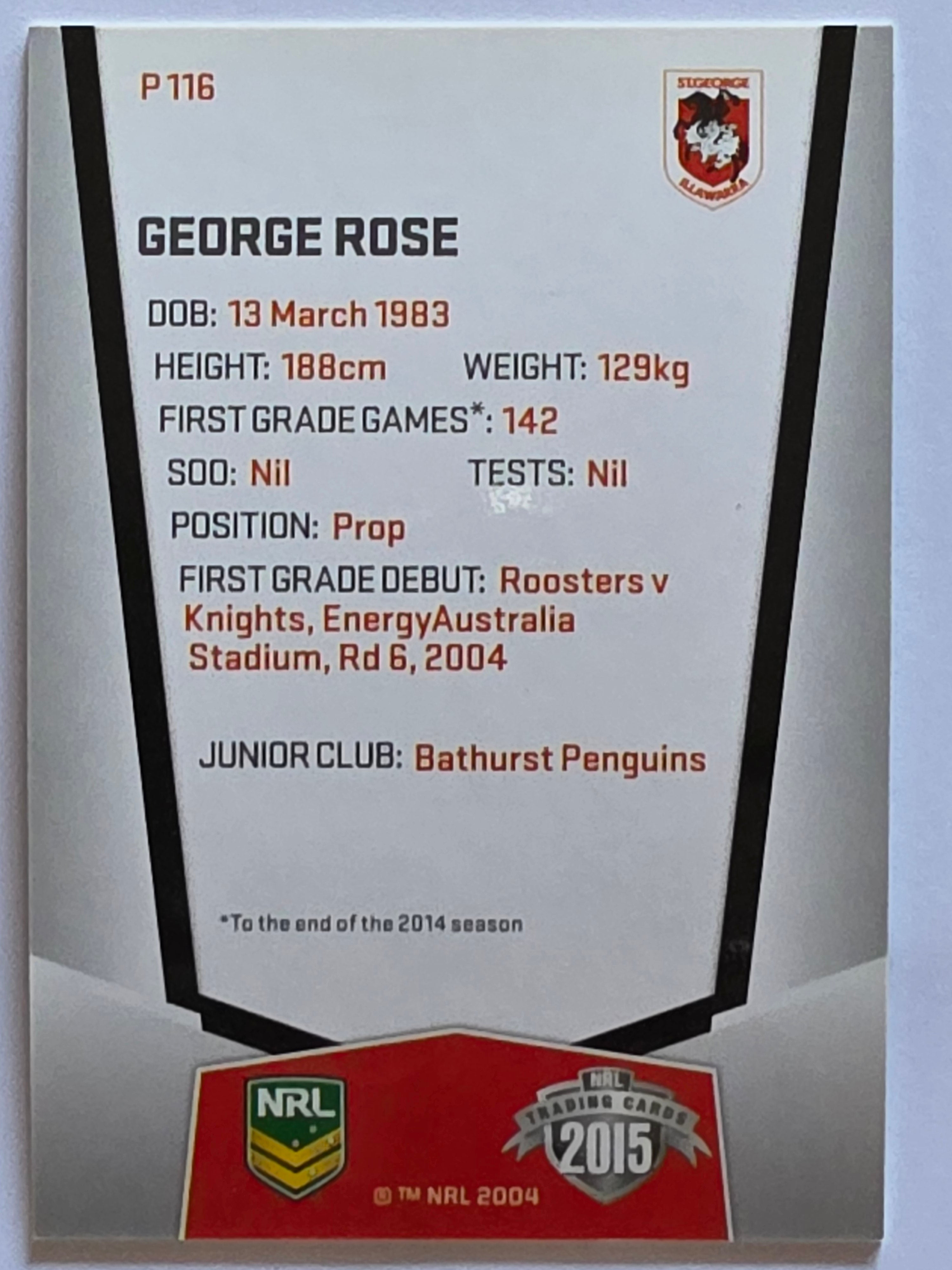 NRL 2015 Elite | Silver Parallel #P116 | George Rose | St George Illawarra Dragons